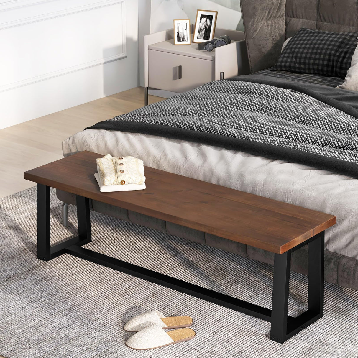 Giantex 56.5" L Wood Dining Bench, Industrial Table Bench w Metal Frame, Adjustable Footpads, 440LBS Load Capacity, Farmhouse Bench for Kitchen, Dining, Living Room, Entryway (Brown, Rectangular) Giantex