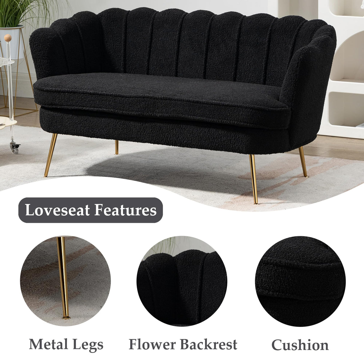DWOYFO 59” Small Modern Teddy Loveseat Sofa, 2-Seater Sofa with Gold Metal Legs, Small Couch with Flower Shaped Back for Living Room Bedroom Office (Teddy, Black) DWOYFO