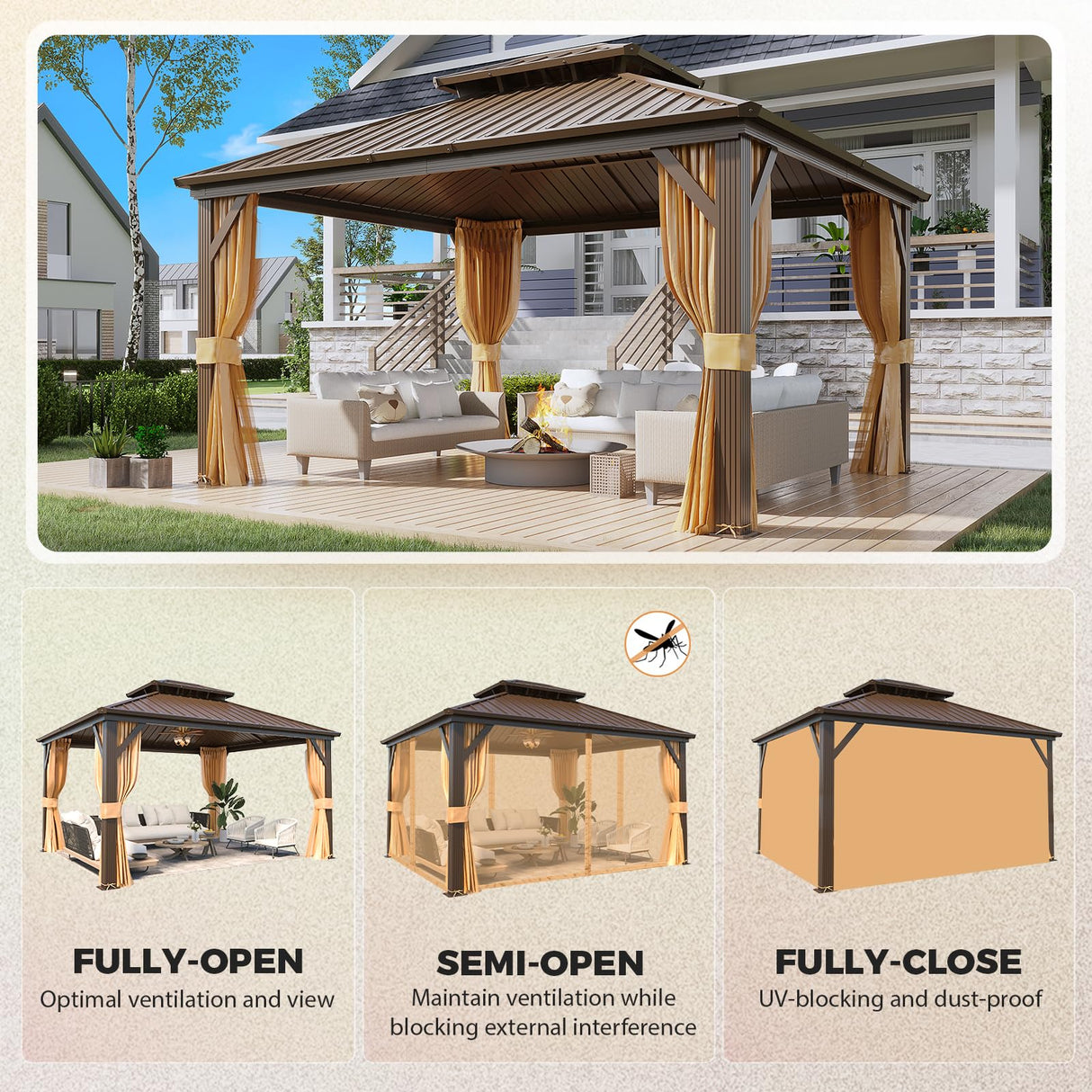 YOLENY 12' x 14' Gazebo Hardtop with Aluminum Frame,Galvanized Steel Double Roof Gazebos with Curtain and Netting,Outdoor Metal Pergolas for Garden, Lawn, Deck, Brown YOLENY