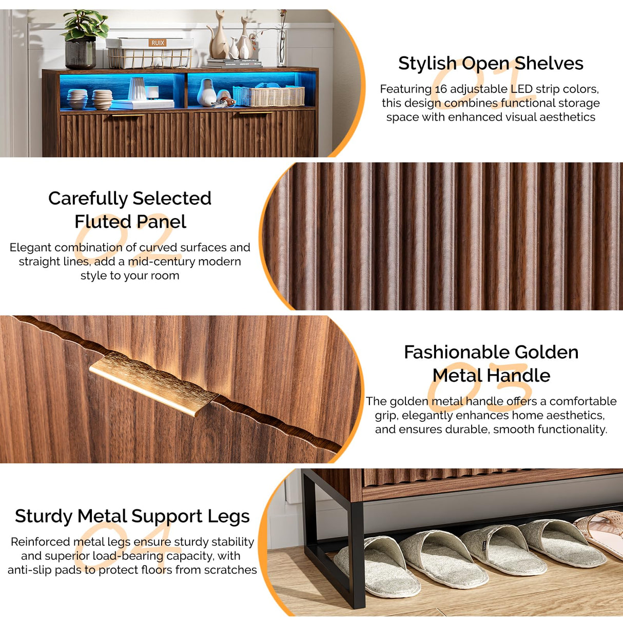 VINGLI Fluted Shoe Cabinet Storage for Entryway,Hidden Shoes Storage Cabinet with 4 Flip Drawers, Mid Century Modern Shoe Rack with LED Light,Shoes Organizer with Cubby for Hallway(Dark Walnut) VINGLI