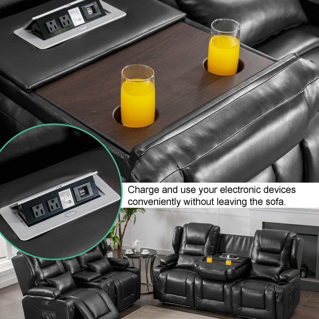 SAMERY Power Loveseat Recliner Sofa with Flip Backrest, Electric Reclining Loveseat Sofa RV Couch 3 Seater with USB Ports/Power Outlets/LED Light/Cup Holders/Pockets/Pillows for Living Room RV SAMERY