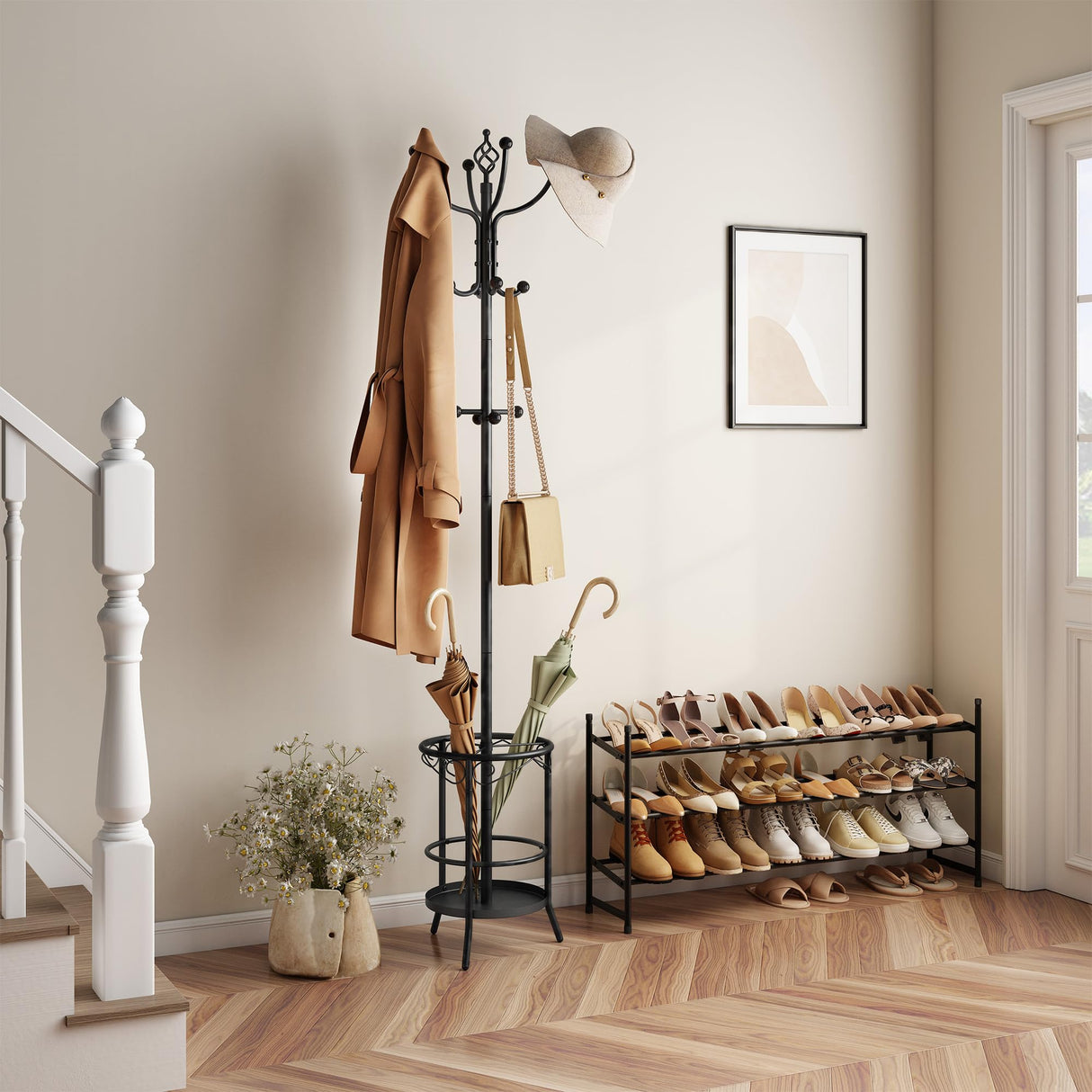 Tajsoon Coat Rack Stand with Umbrella Holder, Free standing Coat Hanger Stand with Umbrella Stand, Entryway Coat Rack to Hold Clothes Hats Bags,Coat Stand with 12 Hooks, for Living Room Bedroom Office Tajsoon