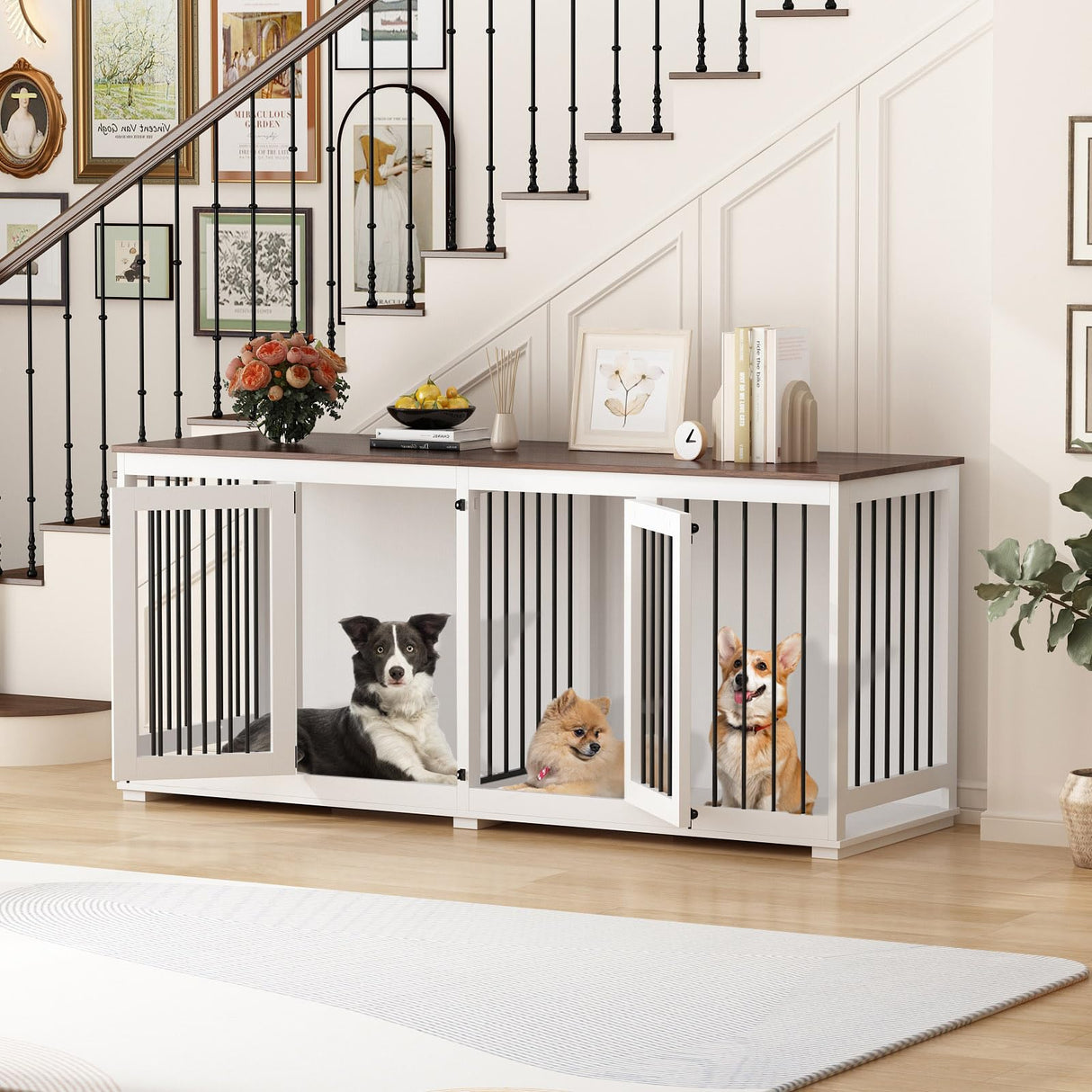 DAWNSPACES Double Dog Crates Furniture for Large Dogs, 71" Heavy Duty Wooden Large Dog Kennel with Removable Divider for 2 Dogs, Indoor Furniture Style Dog Crate House TV Stand, White DAWNSPACES