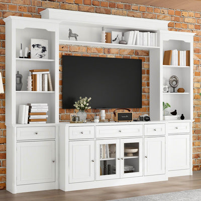 FAMAPY Large Entertainment Center with Bookshelves for TVs up to 60", Media Center with Doors and Shelves, TV Entertainment Center with Bridge, TV Hutch for Living Room White (104.3”W x 17”D x 82.3”H)
