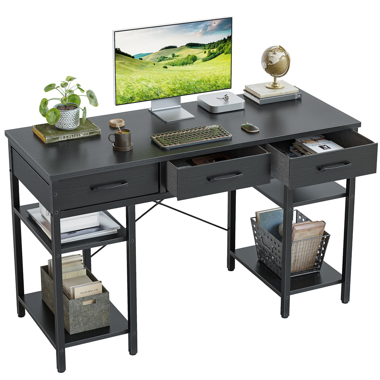 CubiCubi 47 Inch Computer Desk with 3 Drawers and Storage Shelves, Small Home Office Desk, Study Writing Table, Simple Desk for Bedroom, Black CubiCubi