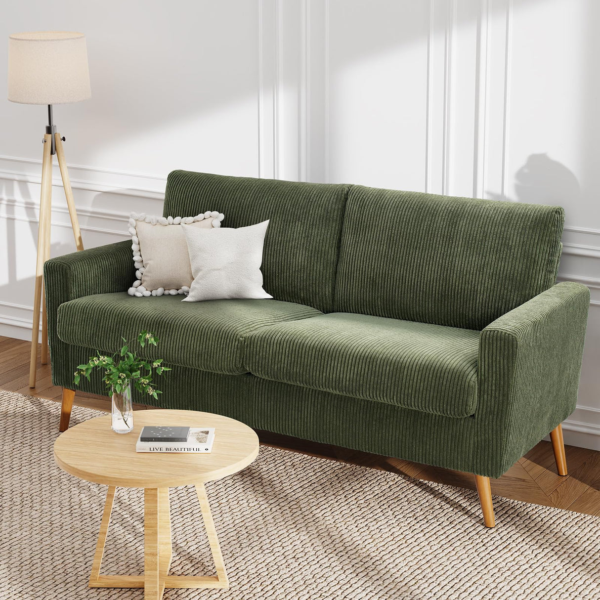 WEUP 68" Loveseat Sofa Green Corduroy Couch, Mid Century Modern Love Seat Couches for Living Room, Small Loveseat for Bedroom Office, Comfy Sofa with Spring Cushion, Solid Wood, Tool-Free Assembly WEUP