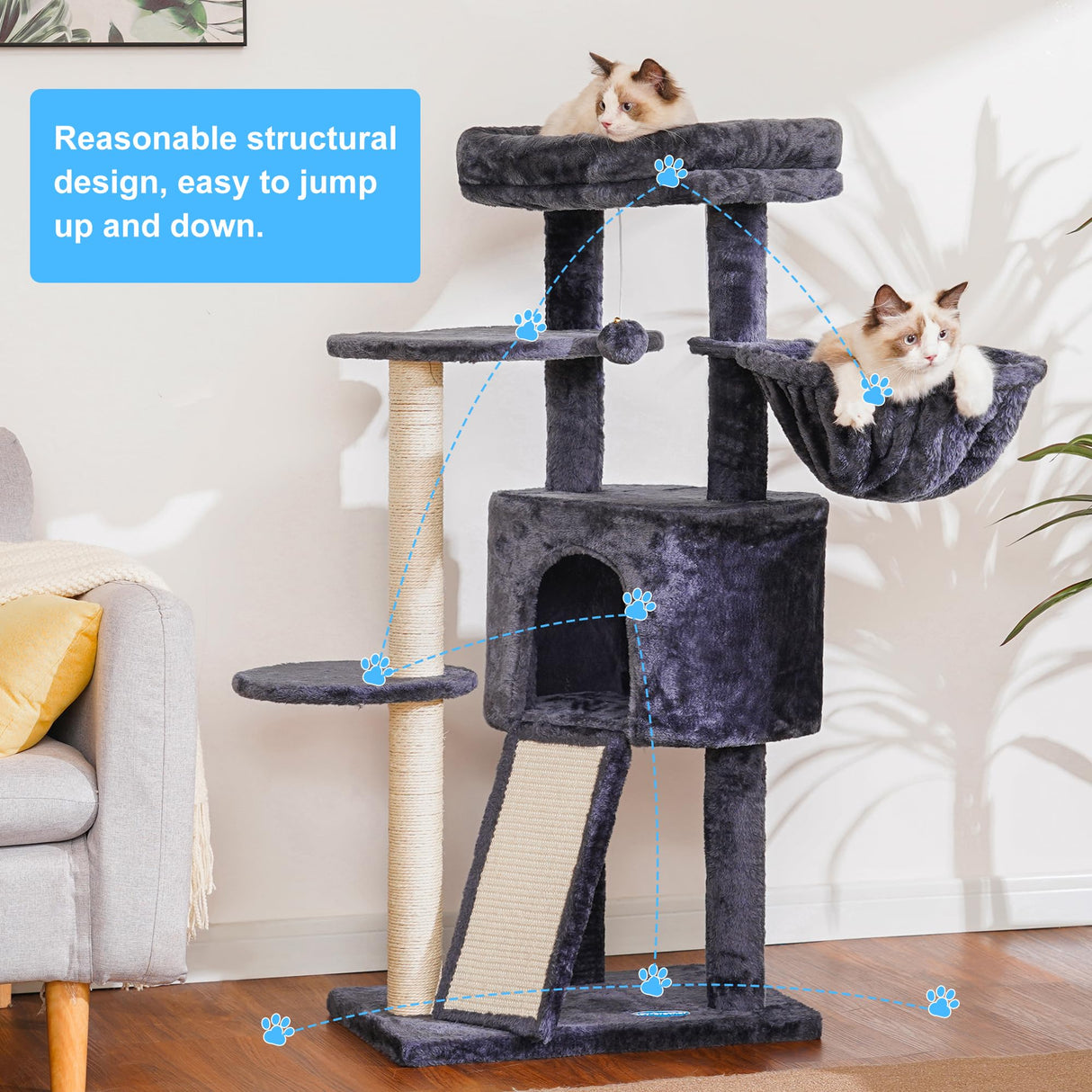 Hey-brother Cat Tree with Scratching Board, Cat Tower with Padded Plush Perch and Cozy Basket, Multi-Platform for Jump, Smoky Gray MPJ005G Hey-brother