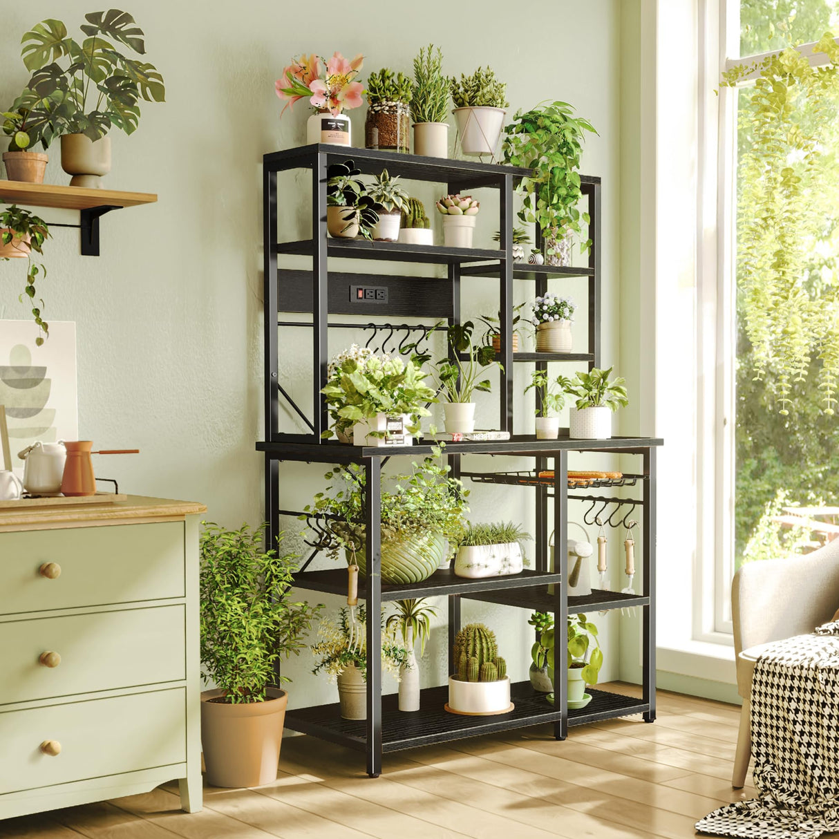 SUPERJARE Large Bakers Rack with Power Outlets, 6-Tier Microwave Stand, Coffee Bar with 12 S-Shaped Hooks, Kitchen Shelf with Wire Basket, 39.3 x 15.5 x 66.9 Inches, Black SUPERJARE