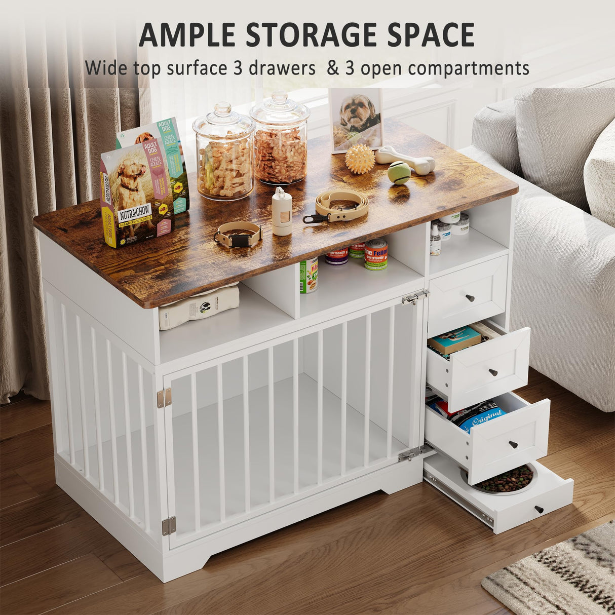 GarveeLife 48 Inch Large Dog Crate Furniture, Farmhouse Dog Kennel with Dog Bowl, 3 Drawers, 3 Open Drawers, Heavy Duty Dog Crate Table for Medium Small Dogs for Living Room, Entryway, White GarveeLife