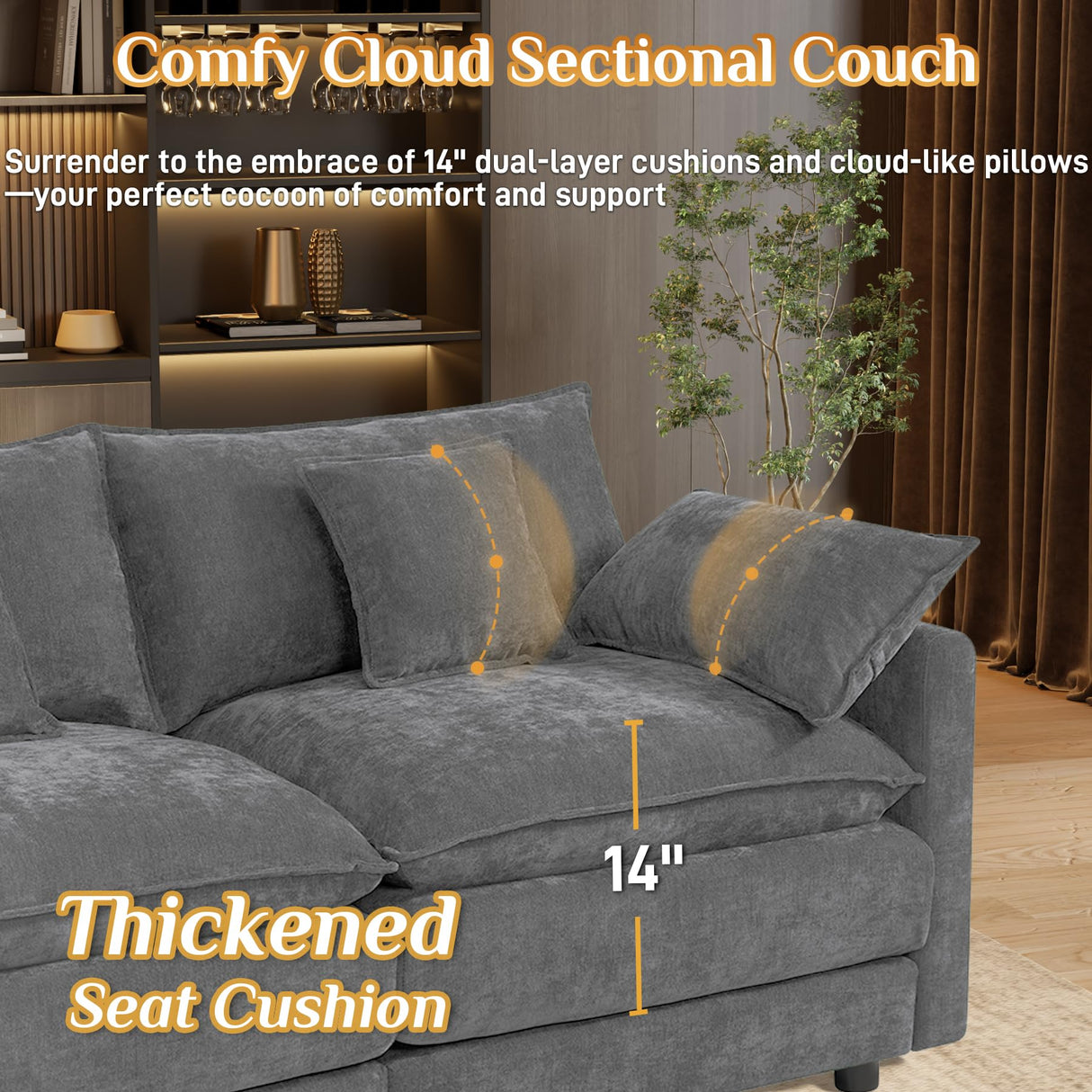 145" U Shaped Cloud Couch Sectionals Comfy Grey Sectional Couches for Living Room Modern Fluffy Oversized Modular Sofas, Chenille Large Big 6 Seat Sofa Set USB Port Central Console Ottoman ONEMMLION