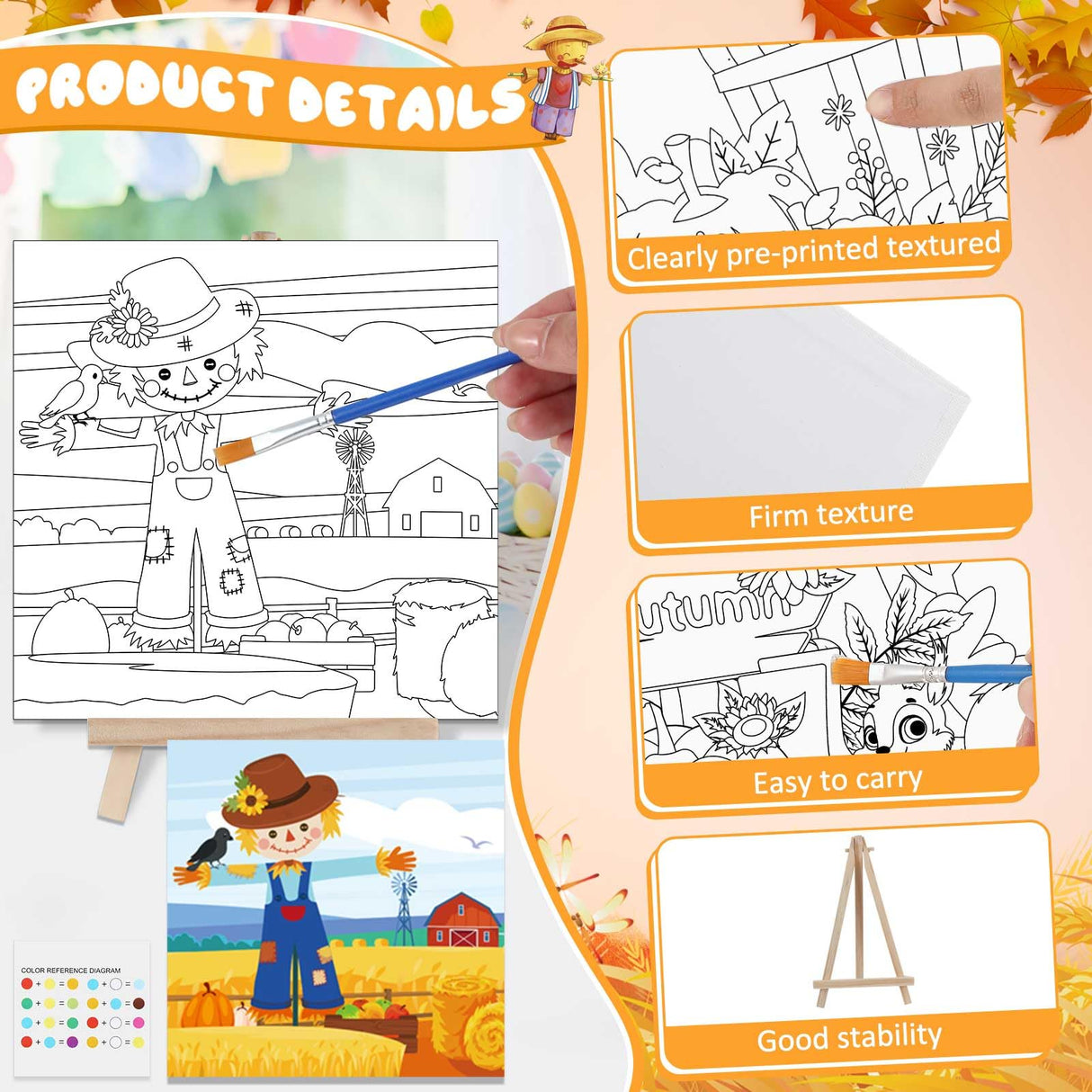 Tenceur 24 Pack Fall Pre Drawn Canvas for Painting Autumn Painting Canvas 6" x 6" Thanksgiving Predrawn Coloring Canvas Set for Adult Kid Maple Pumpkin Scarecrow Pre Stretched Canvas Board for Party Tenceur