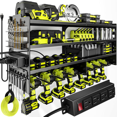 POKIPO Large Power Tool Organizer Wall Mount with Charging Station,4 Layer Heavy Duty Metal Tool Storage Rack Loads 600lbs with 8 Cordless Drill Holder,Battery Utility Rack Loads with 4 Power Strip