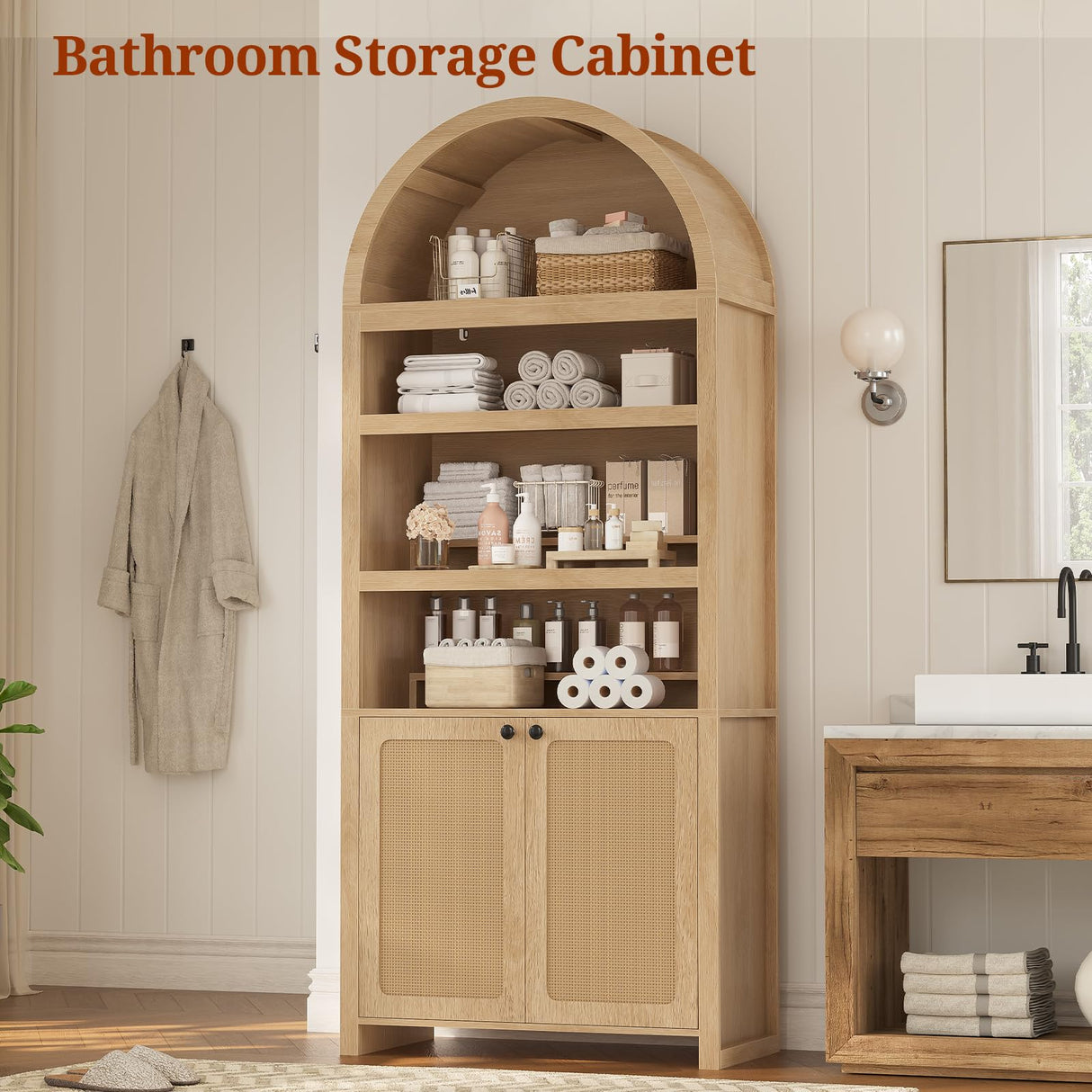 81" Tall Arched Cabinets,Bookcase with storage,Mid-Century Modern 6-Tier Bookshelf with Door,2 Book Risers and Adjustable Shelves offering more storage space for Living Room,Kitchen,Home Office,Oak UPOSOJA