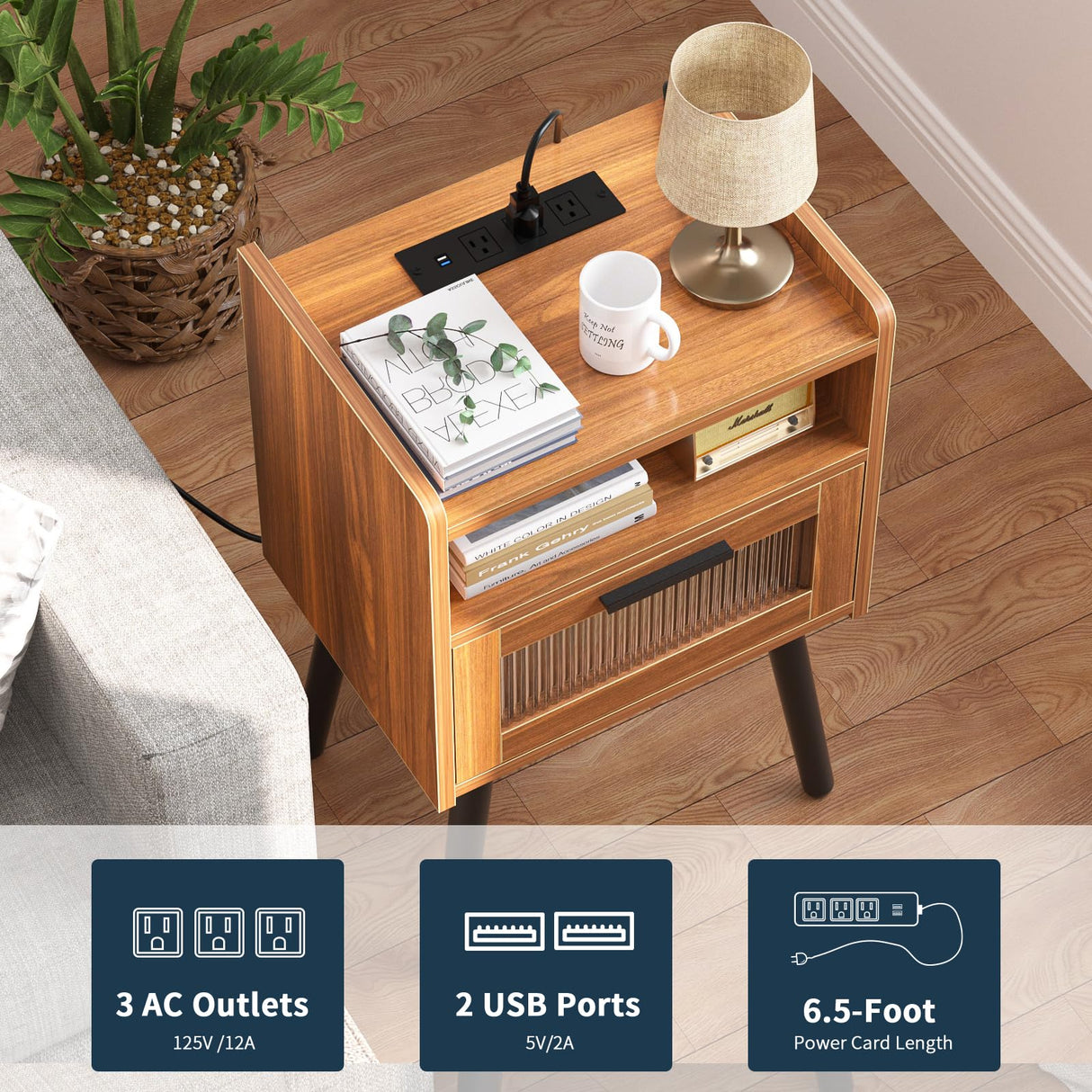 HAIOOU Set of 2 Mid Century Nightstand with Charging Station, Mid Century LED Light Modern End Table with Drawer, Glass Door, Open Shelf, Small Side Table Pine Wood Legs for Home Bedroom Living Room HAIOOU