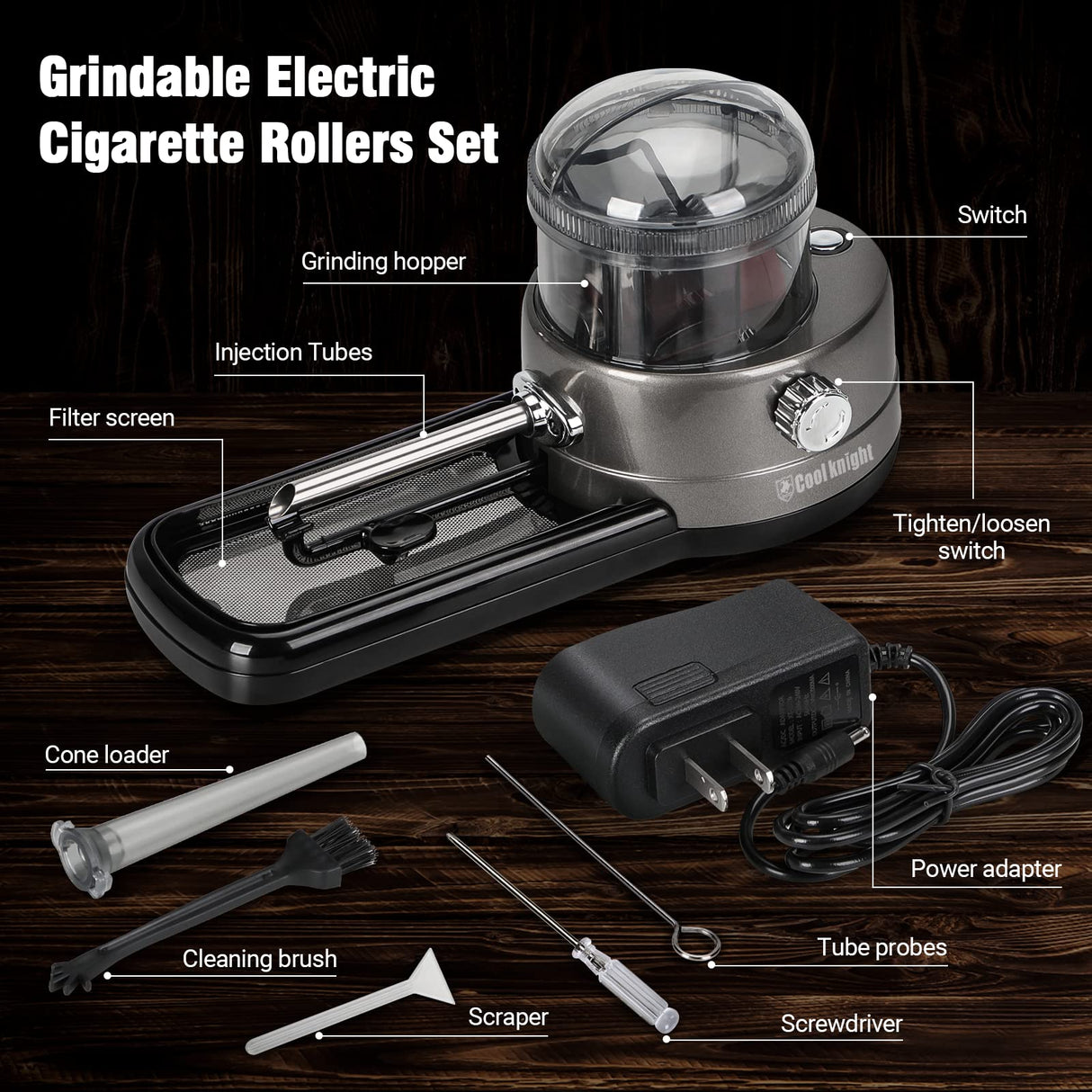 COOL KNIGHT Electric Cigarette Rolling Machine, Portable Tobacco Injector Machine can Grind Filled with Herb, Tobacco, etc. Suitable for Cigarette Tubes and Rolling Papers COOL KNIGHT
