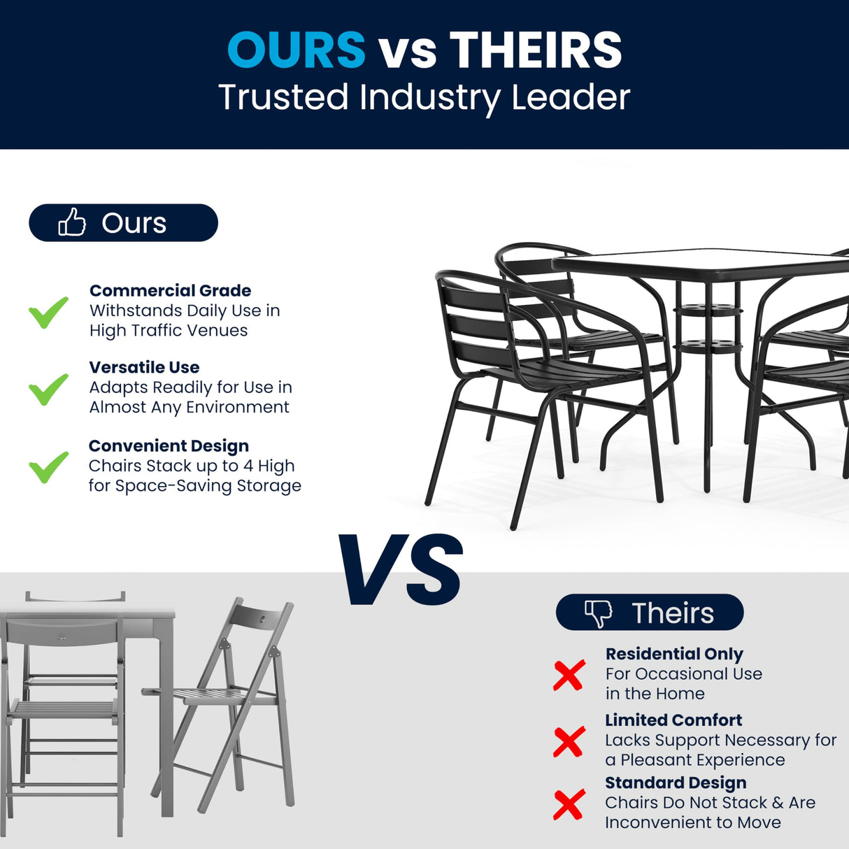 Flash Furniture 5-Piece Patio Dining Set with 31.5" Square Glass Metal Table and 4 Stackable Slat Back Chairs, Indoor/Outdoor Bistro Table and Chairs Set, Black Flash Furniture