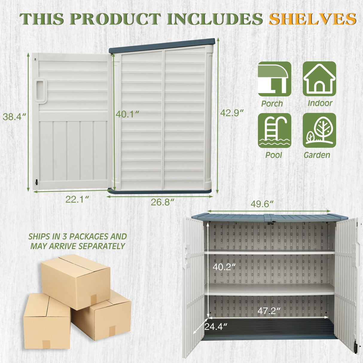 Greesum Outdoor Resin Storage Shed, 34 Cu.ft Horizontal Outdoor Storage Box Waterproof for Garden, Pool Storage, White Greesum