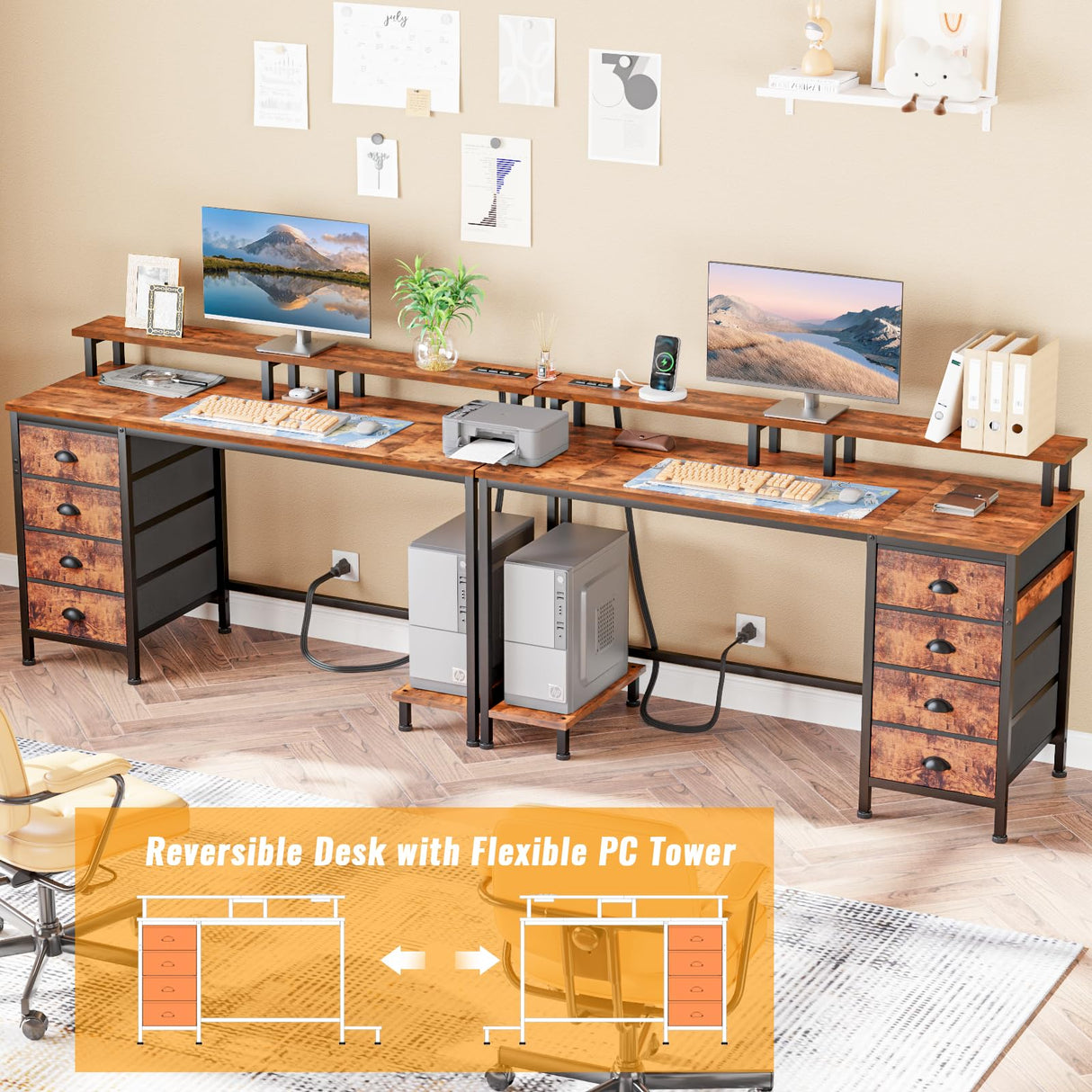 Furologee 55in Computer Desk with 4 Drawers, LED Gaming Desk with Power Outlets, Office Desk with Full Monitor Stand and Storage Shelf, Study Work Desk for Home Office Bedroom, Rustic Brown Furologee