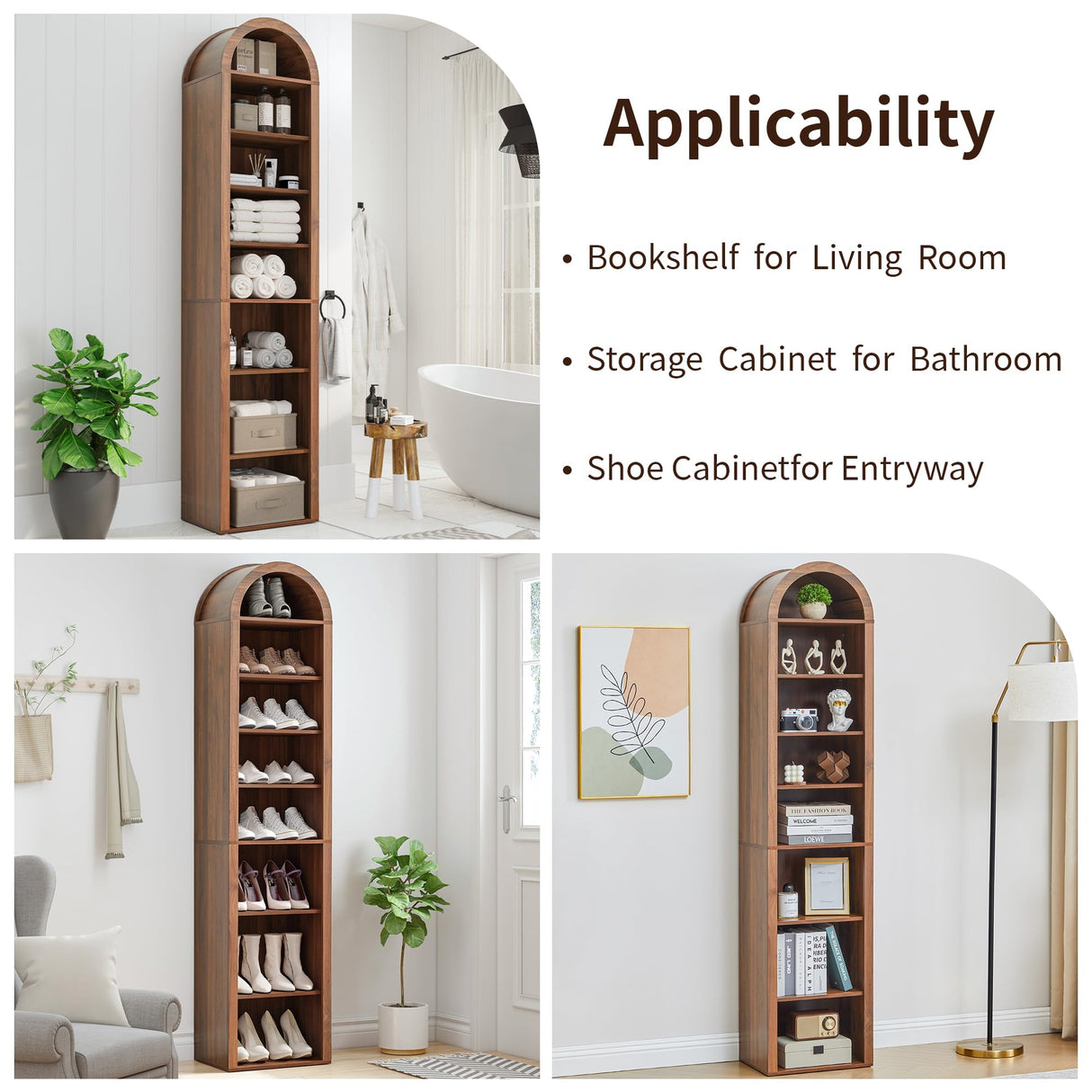 Tall Narrow Arched Bookshelf, 8-Tier Skinny Arch Bookcase for Small Space, Freestanding Storage Organizer with Adjustable Shelves, Open Display Shelves for Living Room, Entryway, Bathroom (Walnut) Turtle&Myrtle