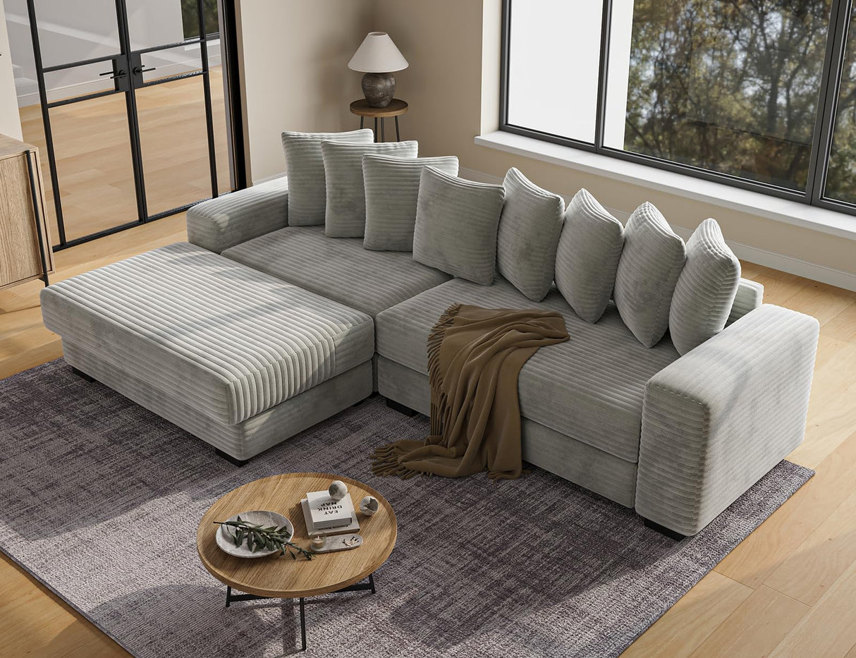 ohllob 110" Modular Sectional Sofa, L Shaped Couch with Chaise Lounge, Fluffy Corduroy Cloud Couch with Deep Seat for Living Room (Light Grey) ohllob