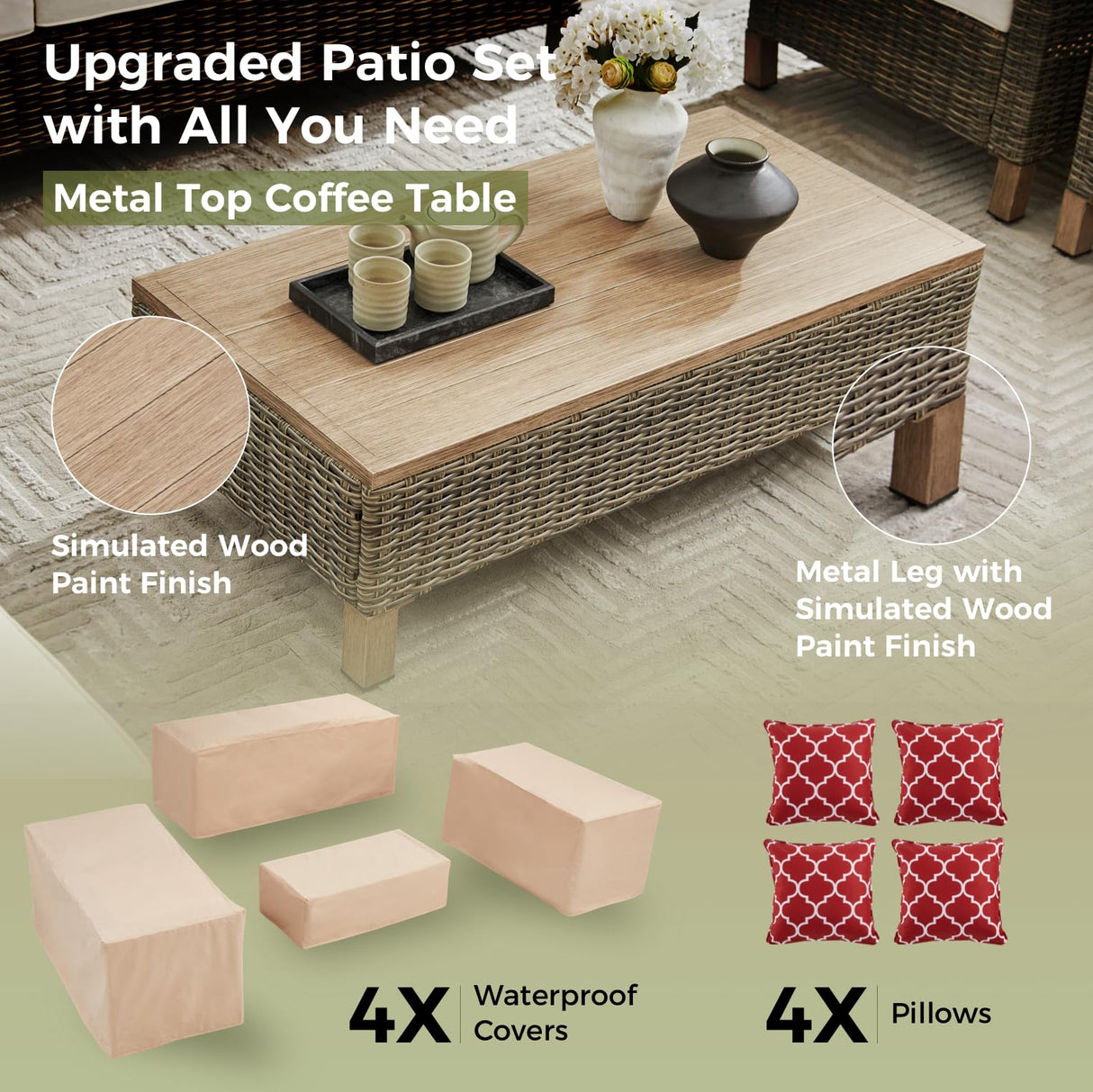 9 Pieces Patio Furniture Sets All Weather Reinforced Wicker Rattan Sectional Sofa with Metal Top Coffee Table Outdoor Furniture Conversation Set for Porch, Poolside, Garden, Backyard, Red Summax