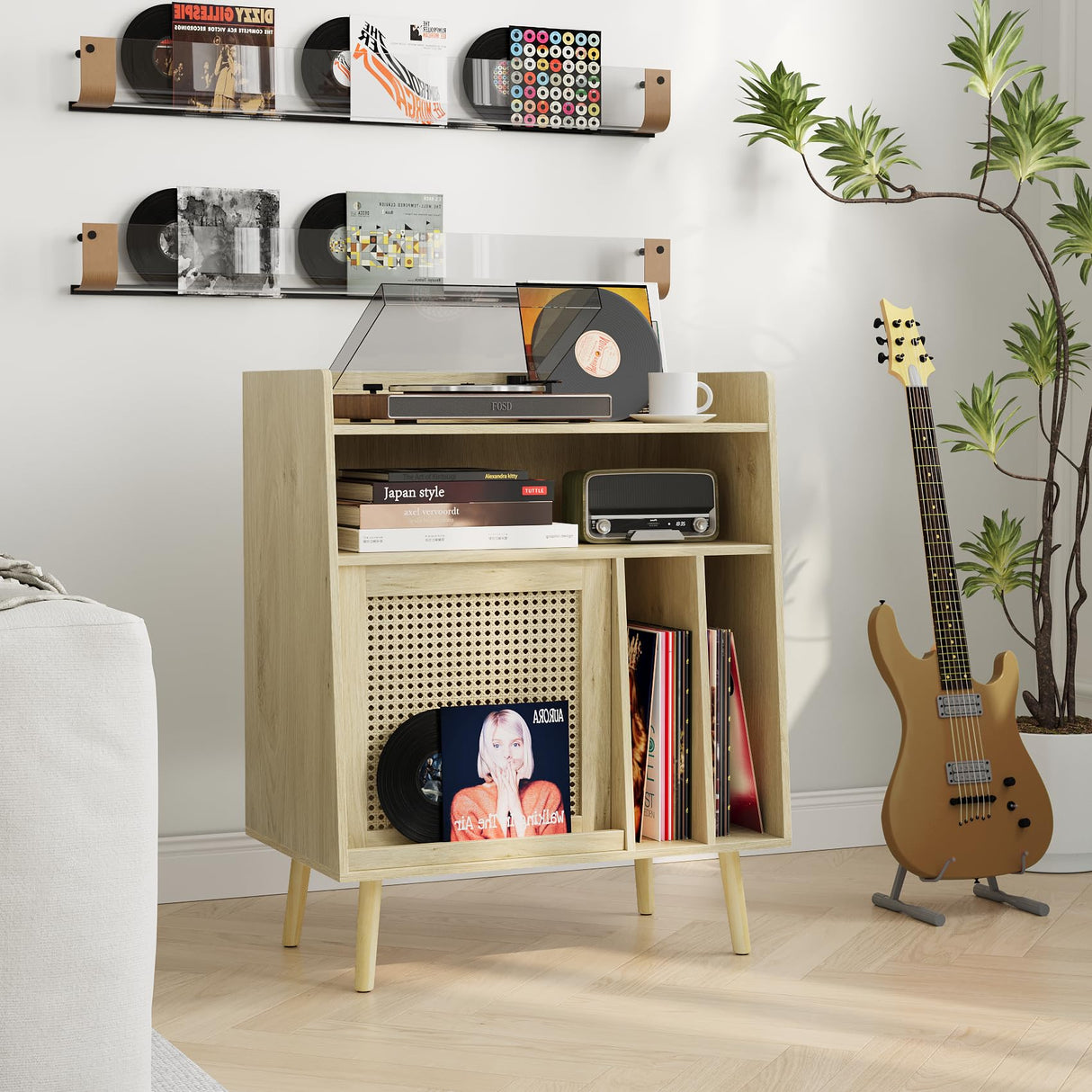Semiocthome Record Player Stand with Vinyl Storage, Record Player Table with Storage Shelf, Turntable Stand with Rattan Cabinet Door, Side Table with Solid Wood Legs for Turntables for Living Room Semiocthome