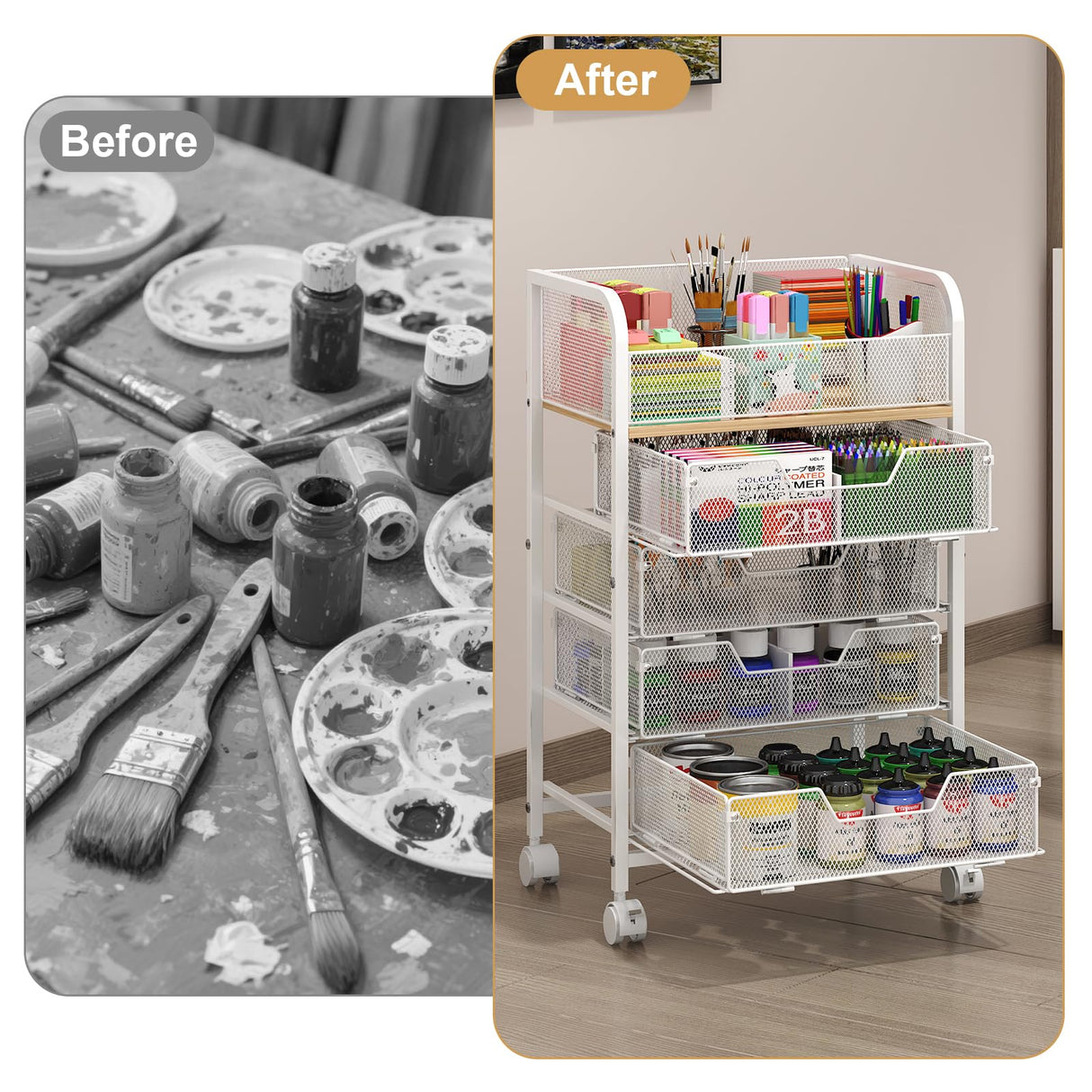 5-Tier Craft Organizer Cart with Wheels,Craft Organizers and Storage with Drawers,Lockable Wheels Rolling Utility Cart with DIY Divider,Office Supply Organizer,Ideal for Studio,Office,Bedroom,White Yociyoga