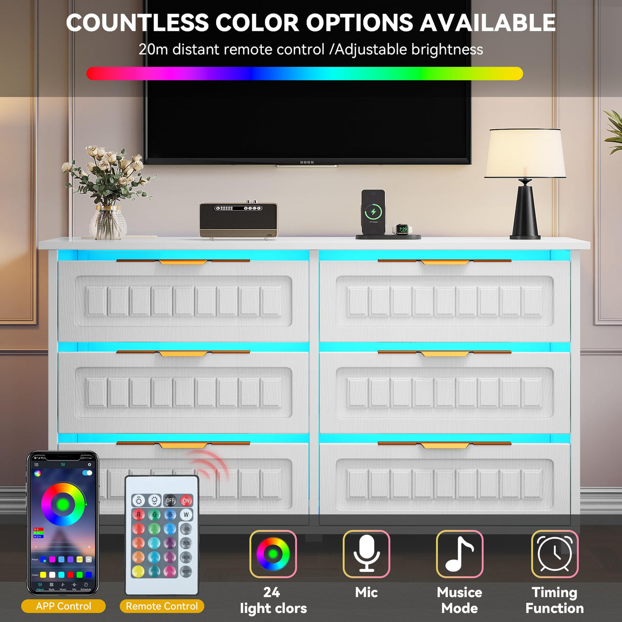 DWVO 6-Drawer Dresser, White Wood Dresser with Charging Station and LED RGB Light, Chest of Drawers Storage Organizer TV Stand for 60'' TV, Living Room, Closet, Entryway DWVO