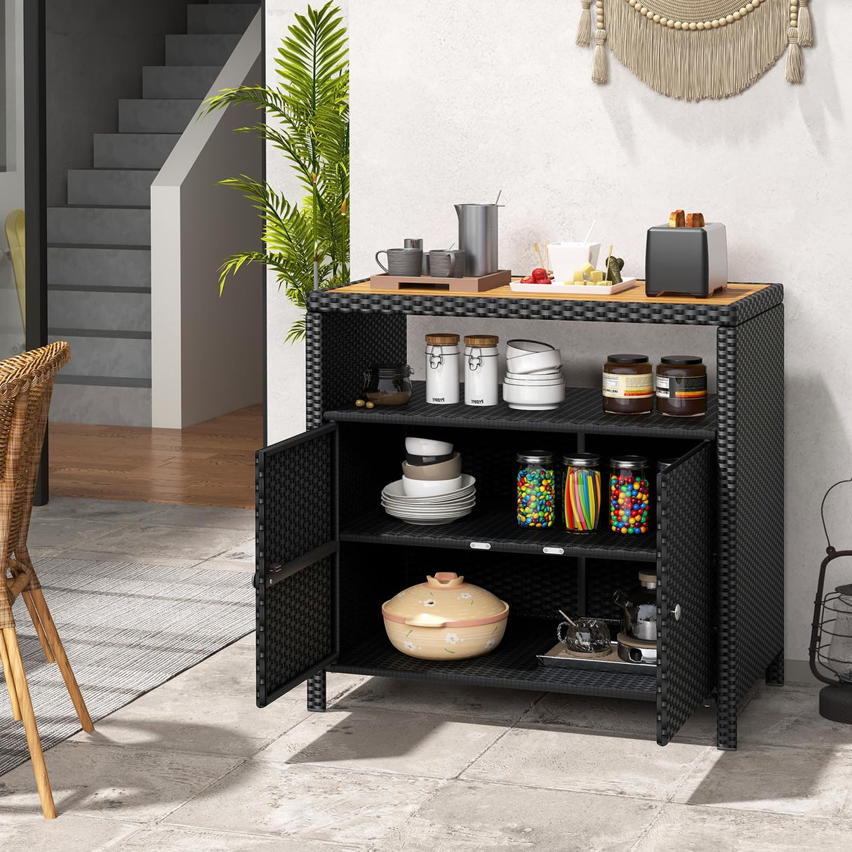 Tangkula Rattan Storage Cabinet, Outdoor Patiojoy Buffet Cabinet with Acacia Wood Countertop, Open Compartment & Enclosed Cabinet, 2-Door Wicker Sideboard, Storage Organizer for Poolside (Black) Tangkula