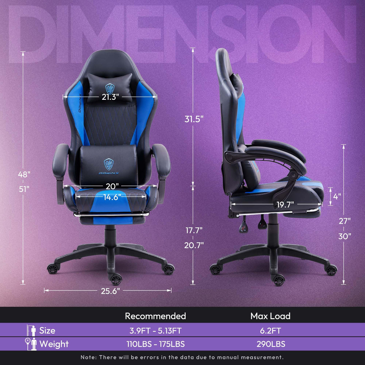 Dowinx Gaming Chair with Pocket Spring Cushion, Massage Game Chair Leather with Headrest, Ergonomic Computer Chair with Footrest 290LBS, Blue Dowinx