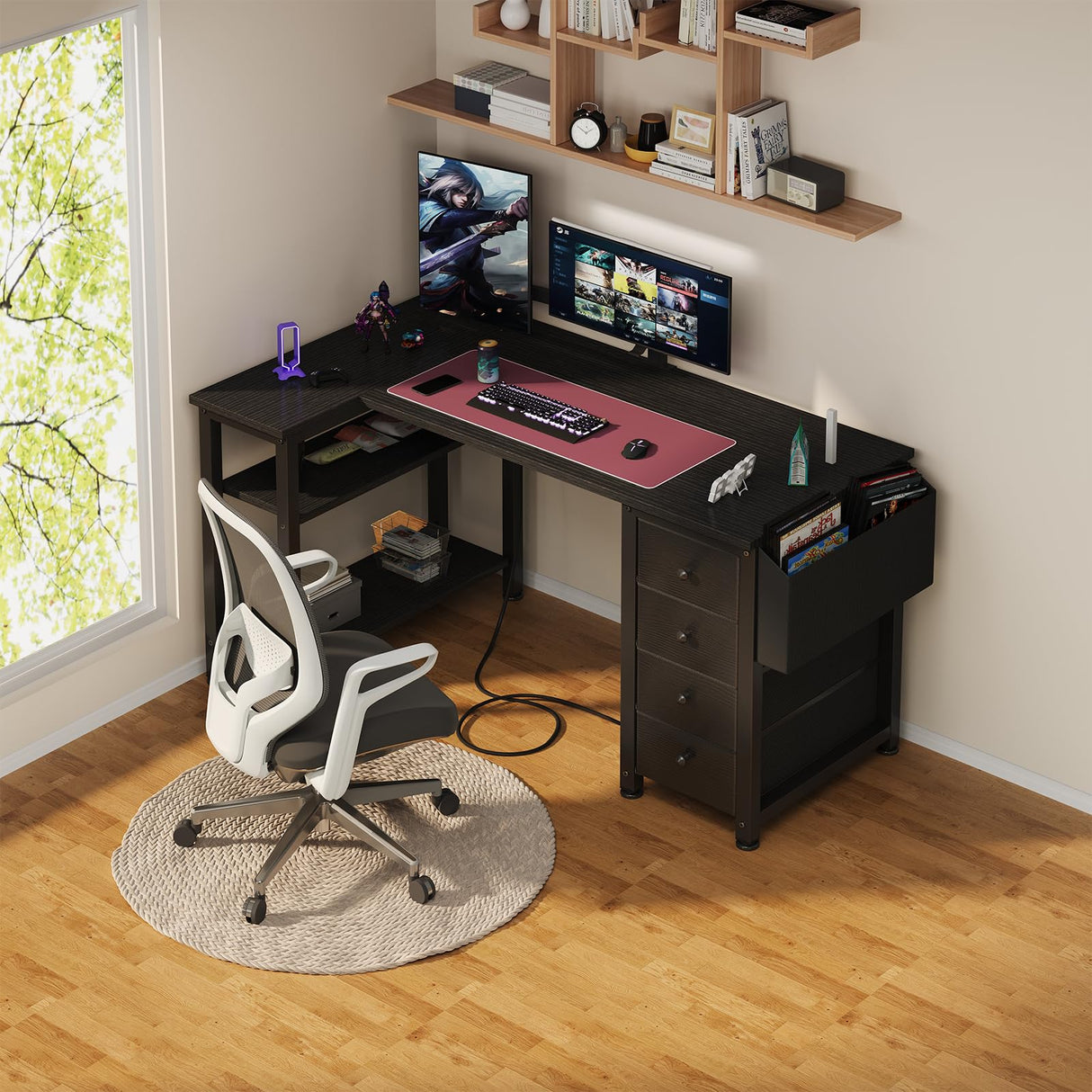 Lufeiya L Shaped Gaming Desk with Drawers & Storage Shelves, 47 Inch Corner Computer Desk with Power Outlet for Home Office Bedroom, L-Shaped Teen PC Desks with Fabric Drawer, Black Lufeiya