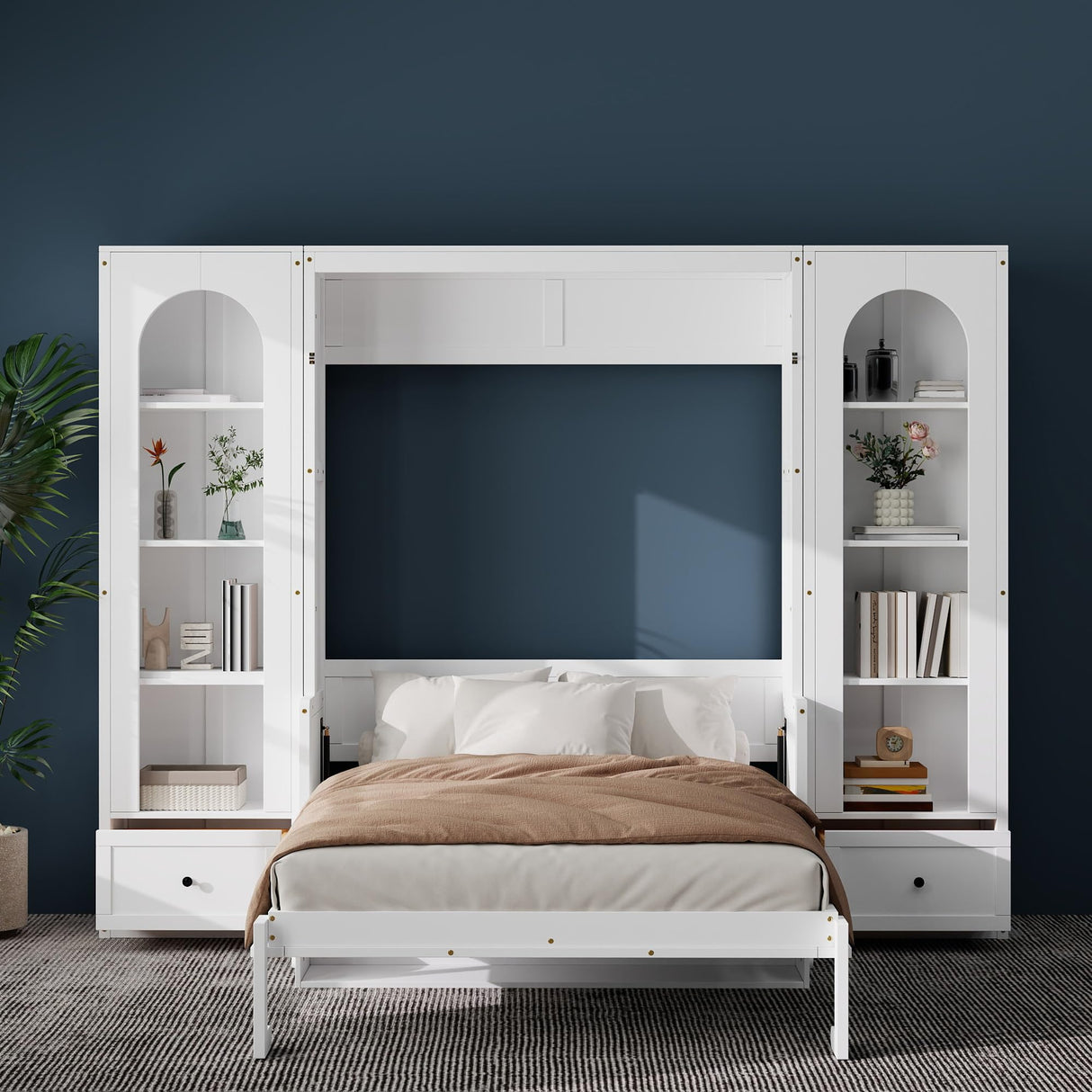 LUMISOL Queen Size Murphy Bed with Desk and Storage Shelves, Horizontal Murphy Bed with Storage Cabinets Drawers and LED Light, Wood Hideaway Wall Bed with Shelves for Bedroom Guestroom, White LUMISOL
