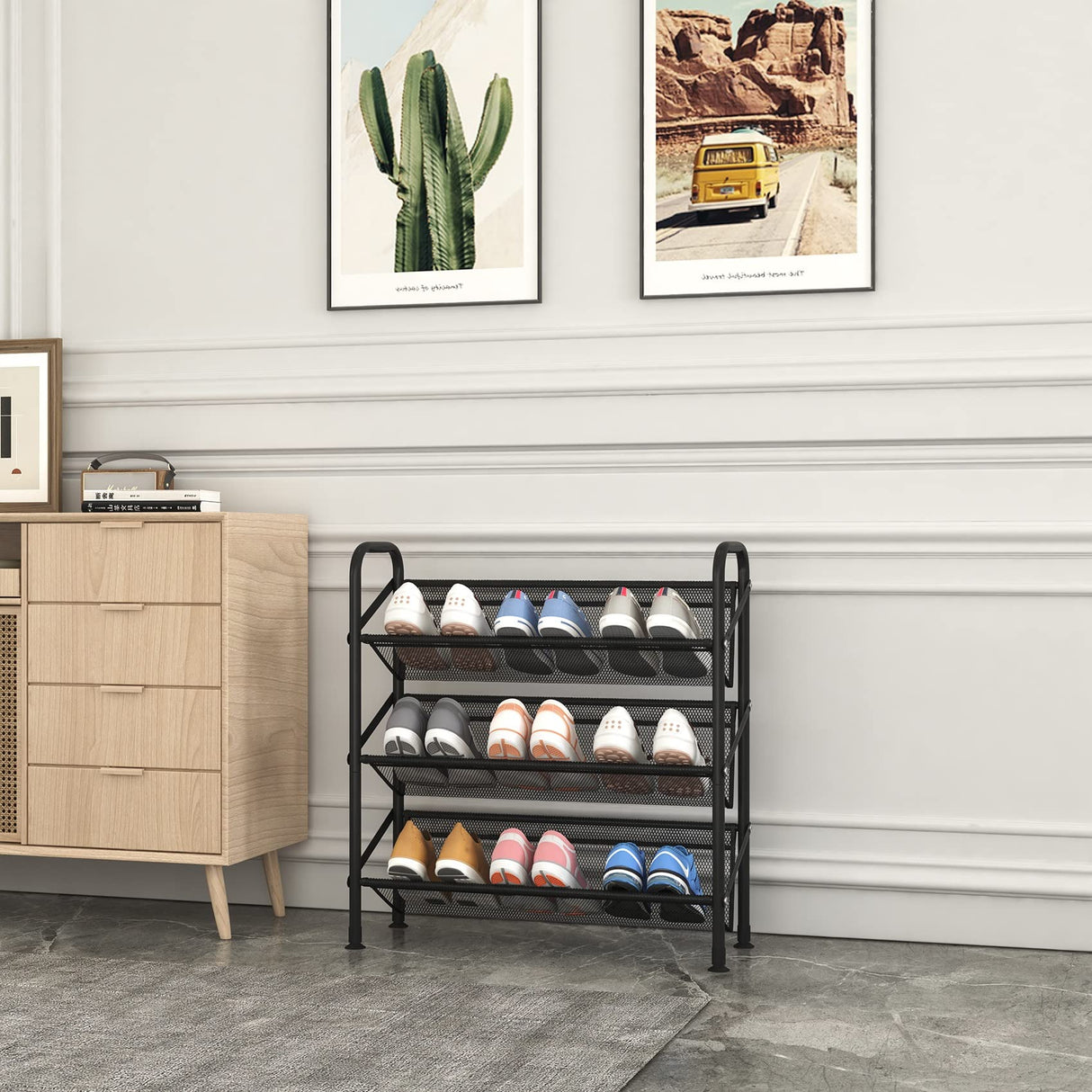 FKUO 3 Tier Shoe rack for closet Mesh fabric narrow Metal shoe racks, Small Shoe Storage Organizer Shelf for Entryway, Hallway, Dorm Room (Black, 3 Tier) FKUO