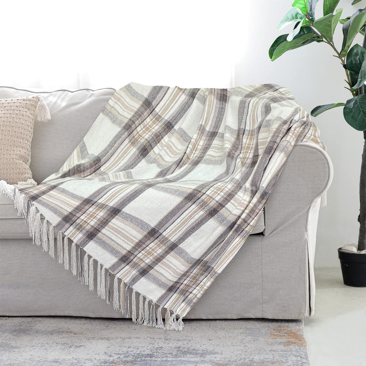 Taupe Grey and White Plaid Decor Tartan Blanket, Lightweight Soft Chenille Striped Knitted Rustic Farmhouse Throw with Tassels for Couch Sofa Chair Bed Office Home, 50" x 60" Snugtown