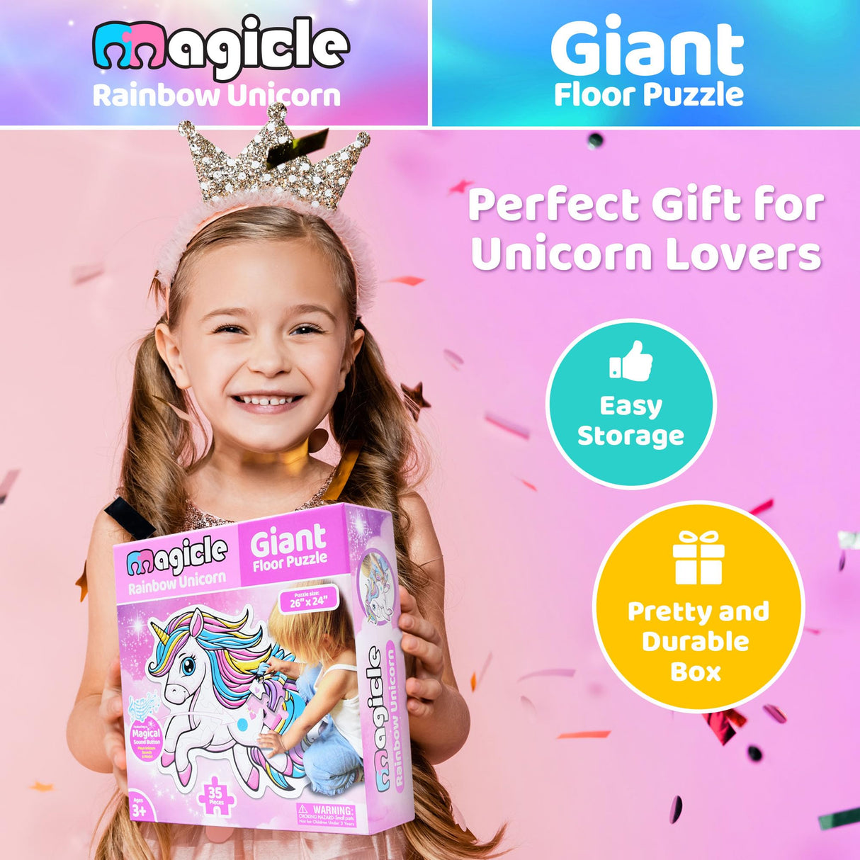 Rainbow Unicorn Giant Floor Puzzle with Sounds, 35 Piece Extra Thick Puzzles, Unicorn Toys for Girls Age 4-6, Floor Puzzles for Kids Ages 3-5 and 6 Year Old Gifts Team Power