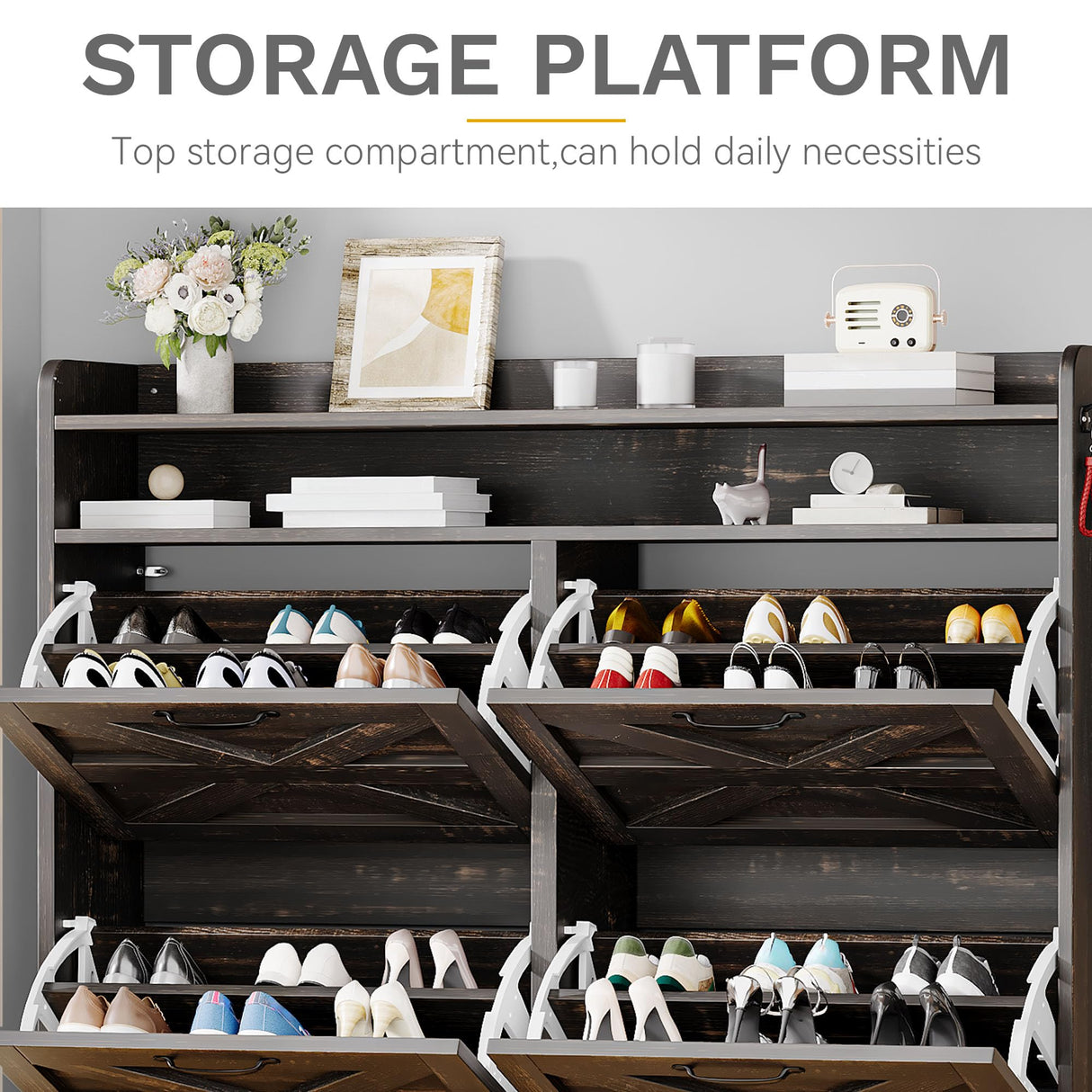 DWVO Dark Rustic Oak Farmhouse Storage Shoe Cabinet with 4-Tier Flip Shoe Storage Cabinet for 24 Pairs, Shoe Organizer with Metal Legs for Entryway, Living Room, Hallway DWVO