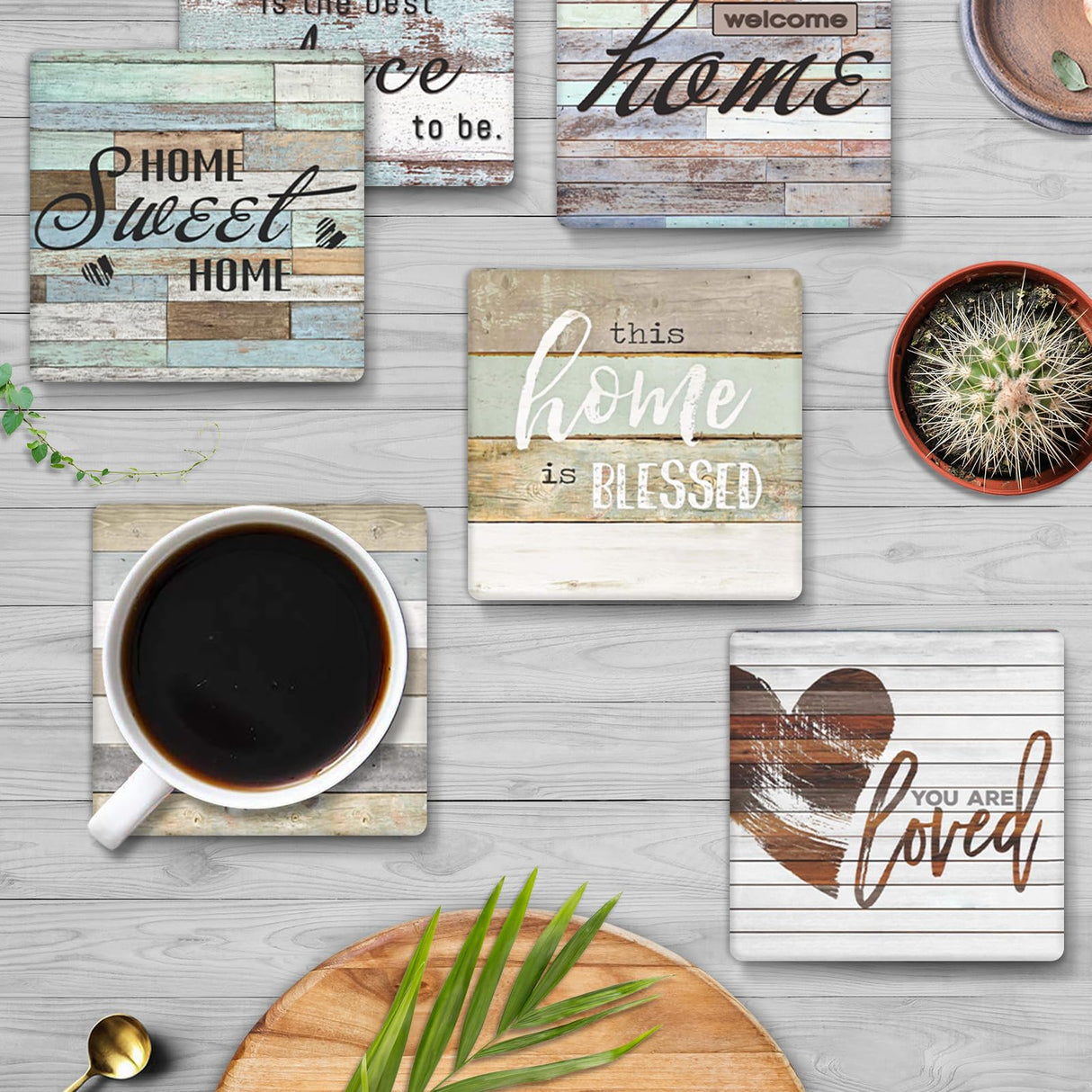 Britimes Coaster for Drinks Set of 6, Worn Wood Absorbent Square Ceramic Stone Mat, with Cork Base and Metal Holder, Gift for Housewarming Room Bar Decor Britimes