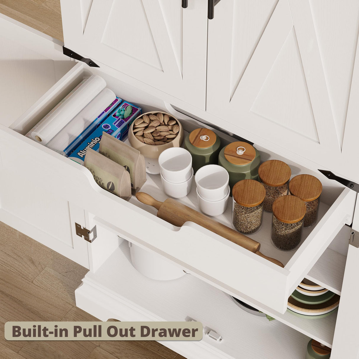 IRONCK Kitchen Pantry Cabinet 72" H, with 9 Shelves, 4 Barn Doors, Drawer, 6 Door Storage Shelves, Farmhouse Freestanding Rustic Wood Cupboard for Kitchen Dining Room White IRONCK