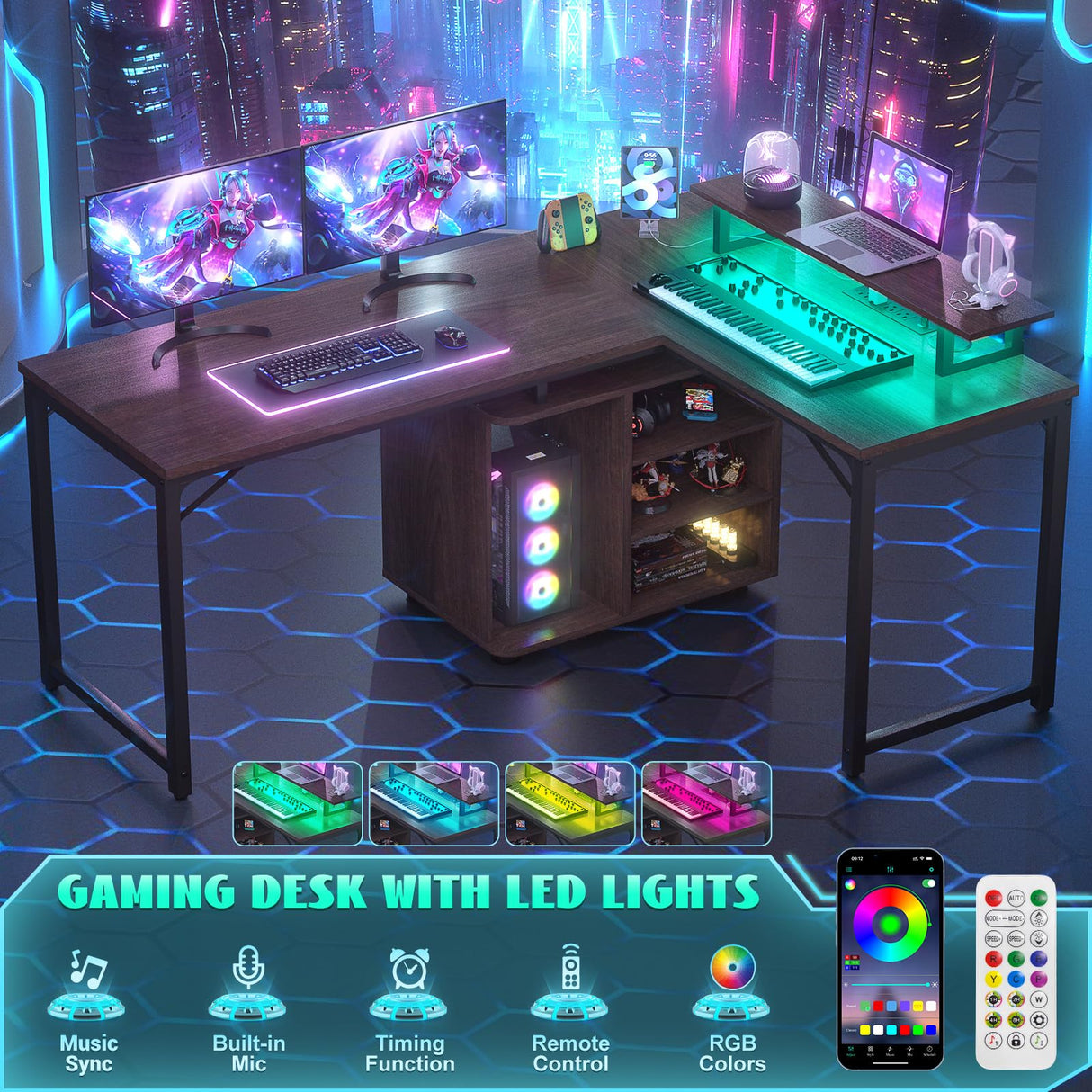 Cyclysio L Shaped Gaming Desk with Wood Cabinet, 58" Large Corner Desk with LED Lights & Power Outlet, Reversible Computer Desk with Monitor Stand, Home Office Desk 2 Person Corner Desk,Rustic Walnut Cyclysio