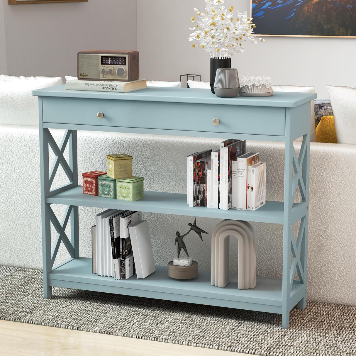 GOFLAME 3-Tier Sofa Tables, Long Narrow Console Table with Large Drawer & 2 Open Storage Shelves, Wooden Entry Table, Modern Entryway Table with Storage for Living Room, Entryway, Hallway (Green) GOFLAME