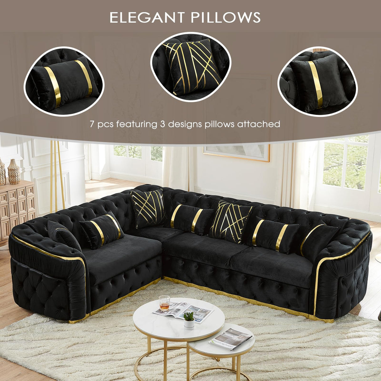 110.5" Luxury Velvet L Shape Chesterfield Sofa Set with Glod Metal Accents, Oversize Victorian Curved Arm Sofa Sectional Couches for Living Room with 7 Pillows, Left Chaise, Black WIN FORCE