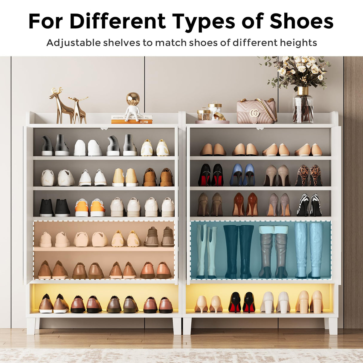 Condemo Shoe Cabinet with Doors, 7-Tier Freestanding Shoe Organizer with Mirror & LED Light, Adjustable Shoe Storage for Entryway, Hallway, Closet, Modern Shoe Rack, White Condemo