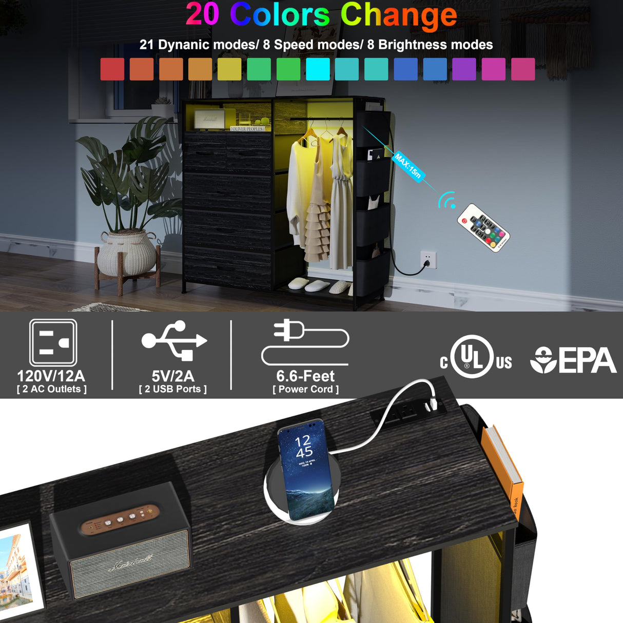 Espelism Dresser for Bedroom with Clothes Rack & Side Pockets 5 Drawer Dresser with Charging Station & LED Lights Black Storage Chest of Drawers for Nursery Hallway Closet Sturdy Steel Frame Wood Top Espelism