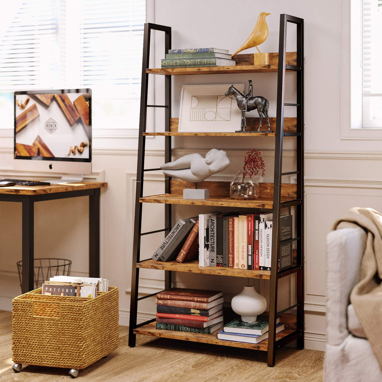 IRONCK Vintage Industrial 5-Tier Ladder Bookshelf with Metal Frame in Rustic Brown IRONCK