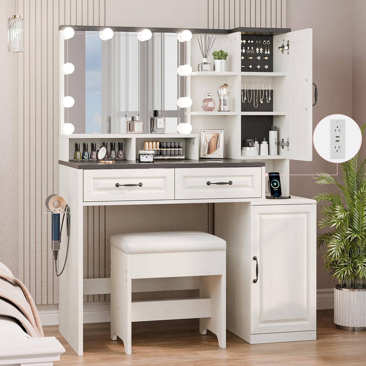 Buytime Farmhouse Makeup Vanity with Charging Station, Vanity Desk with Lights Mirror and Drawers, Glass Top Makeup Vanity with Jewelry Cabinet, Hairdryer Holder and Stool for Bedroom, Off White Buytime