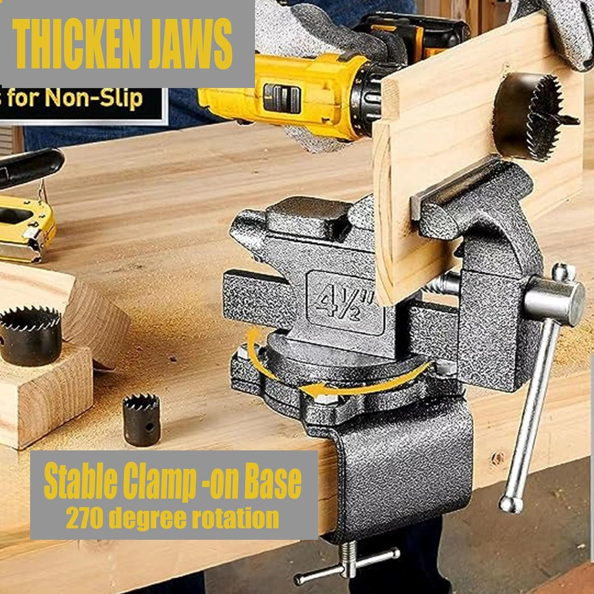 Bench Vise 4-1/2in Multi-Purpose Bench Vice Clam on Vise, Heavy Duty Cast Iron Bench Clamp with Anvil-Multi-Jaw Swivel Base - Bnech Vice for Workbench, Woodworking, Workshop DIY TRUSBEE