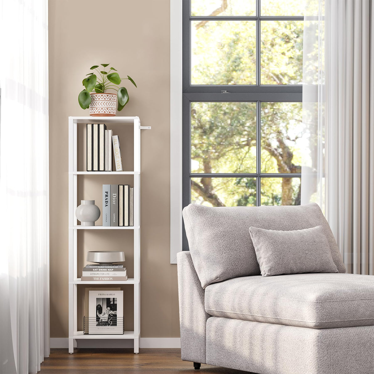 TUTOTAK Bookshelf, 5-Tier Tall Book Shelf, Narrow Bookcase for Small Space, DIY Stackable Bookshelf, for Living Room, Office, Study, Entryway, Industrial, White BS01BW005 TUTOTAK