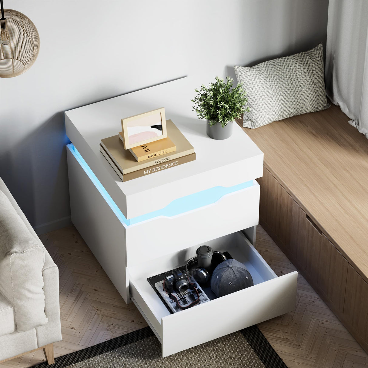 Furniwell LED Nightstand with Charging Station, End Table with Drawers, Night Stand Bedside Table with Sliding Top for Bedroom and Living Room, White Furniwell