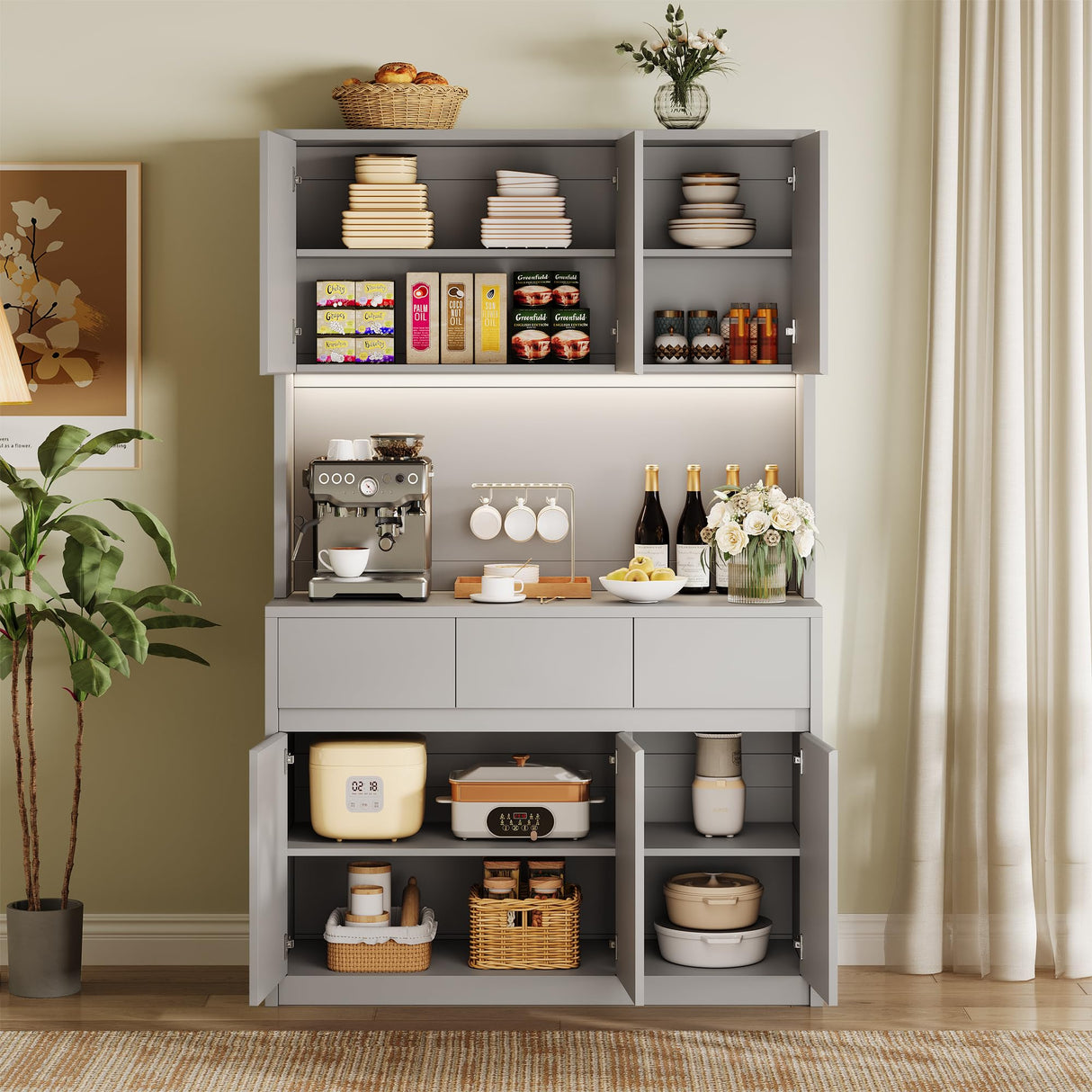 GarveeHome 71" Kitchen Pantry Cabinet, Kitchen Hutch Storage with Led Lights and Power Outlets, Buffet Cabinet with Microwave Stand, Adjustable Shelves, Handless Design, Grey GarveeHome