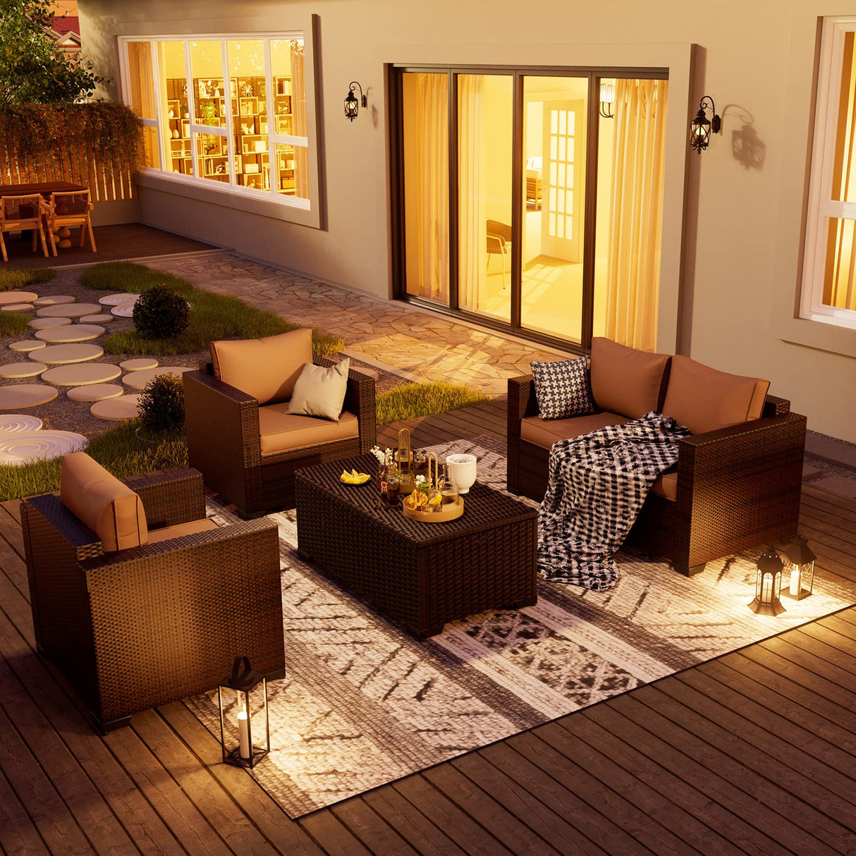 UDPATIO Outdoor Patio Furniture, 4 Pieces Outdoor Sectional Patio Set with Storage Coffee Table and Khaki Cushions, Patio Loveseats Balcony Furniture for Small Space UDPATIO